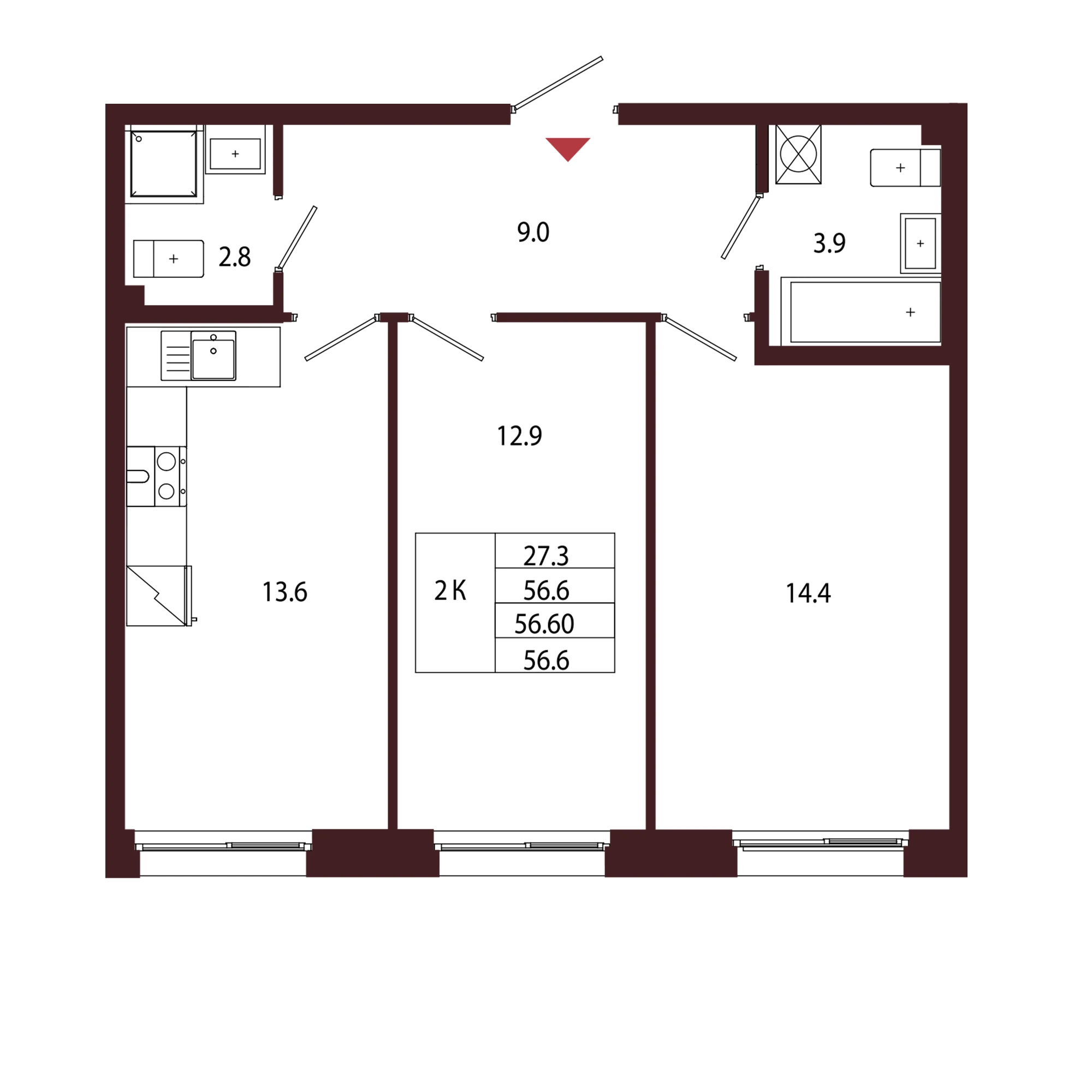 Планировка 2-комнатная 56,6 м² в ЖК «Город-парк «Лисино» — Город-парк «Лисино»