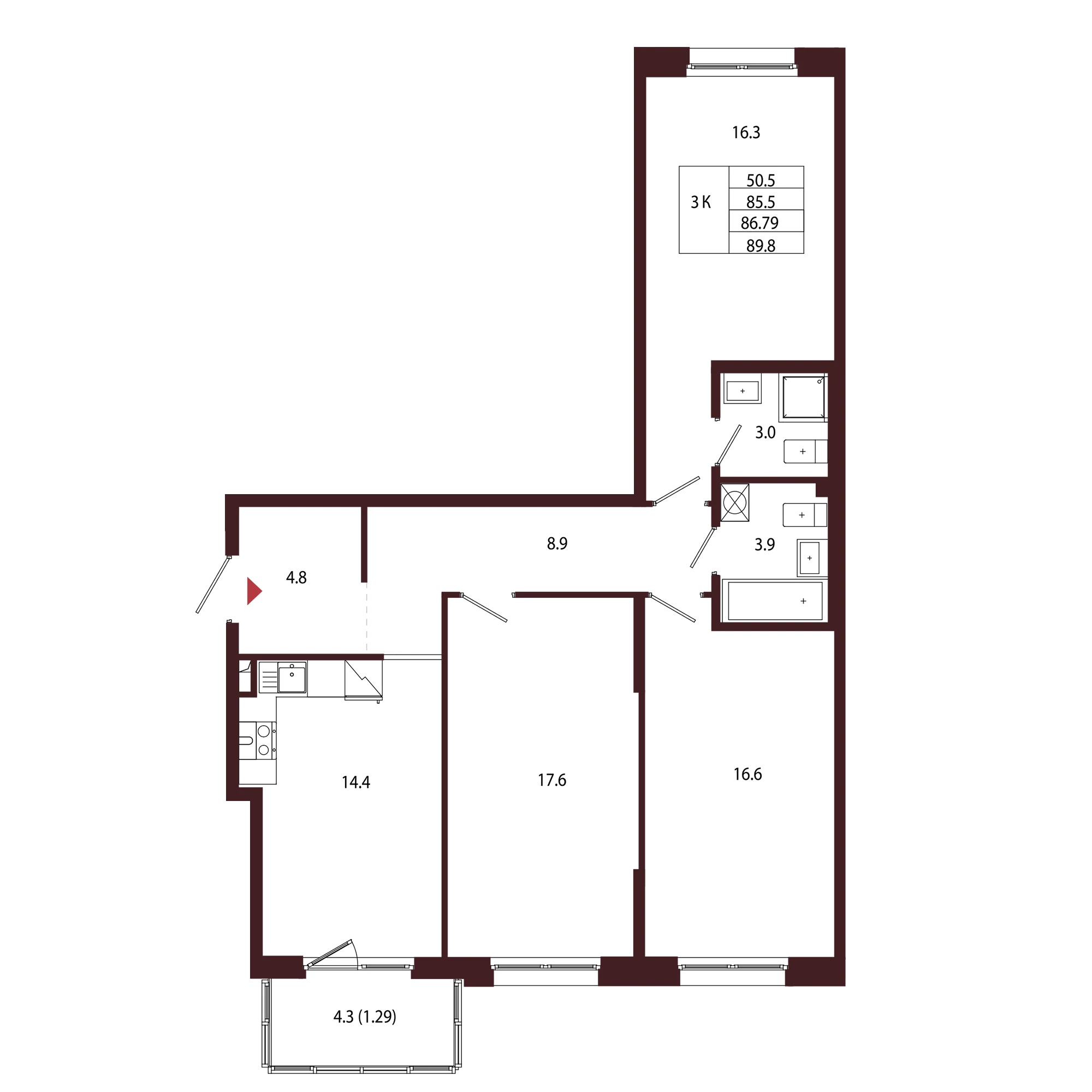 Планировка 3-комнатная 86,8 м² в ЖК «Город-парк «Лисино» — Город-парк «Лисино»