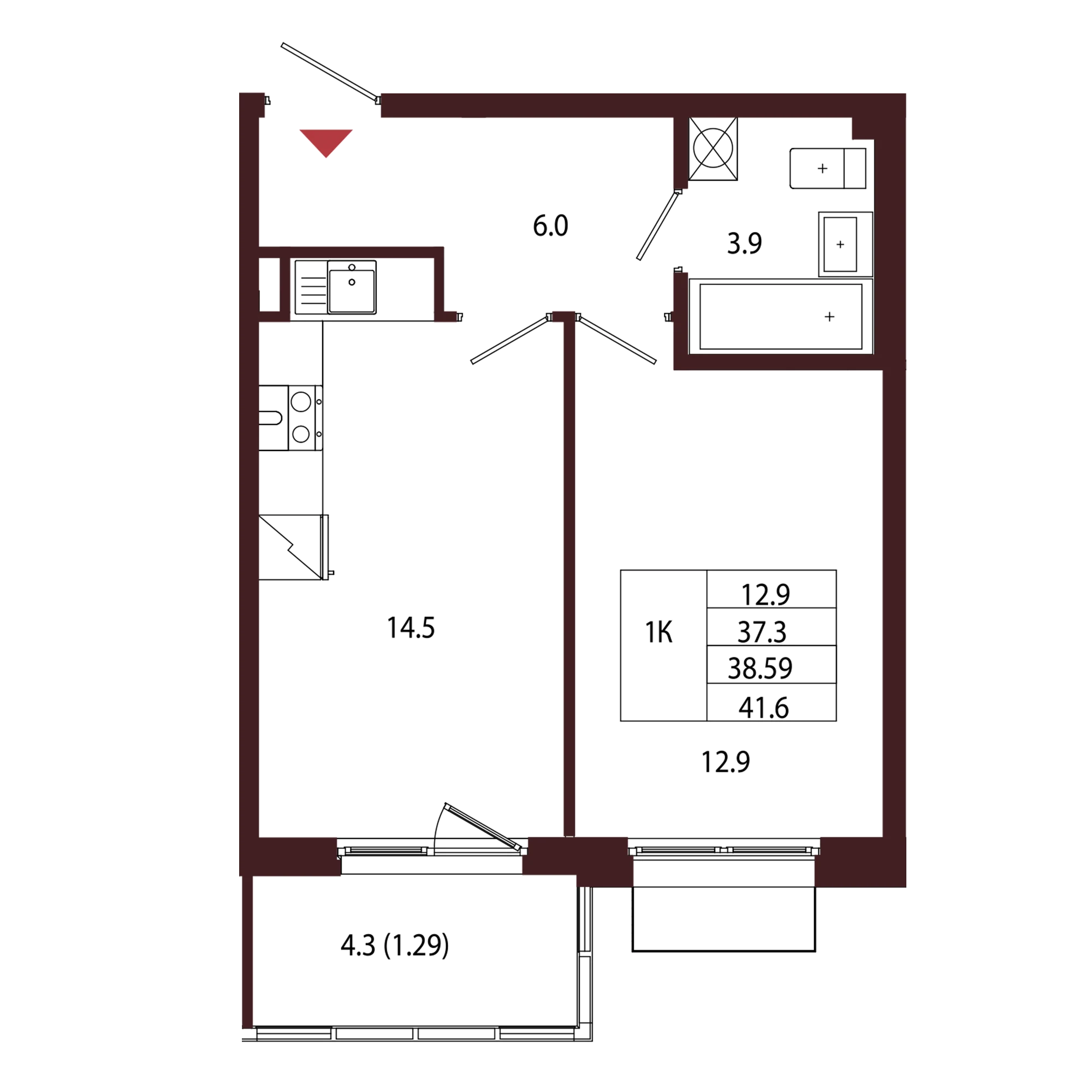 Планировка 1-комнатная 38,6 м² в ЖК «Город-парк «Лисино» — Город-парк «Лисино»