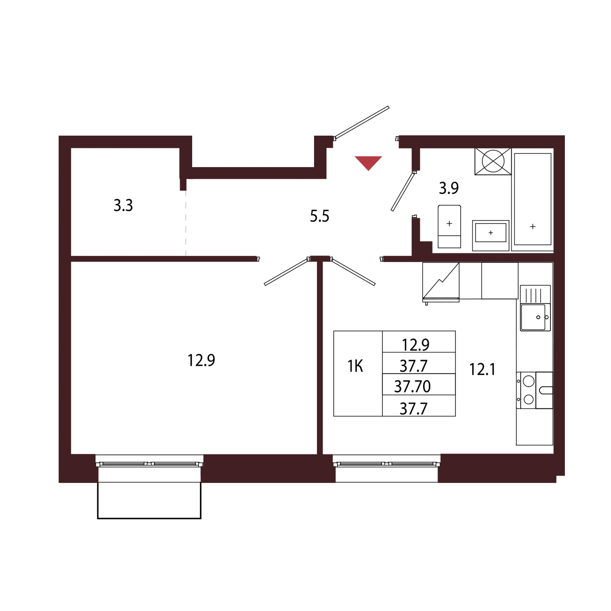 Планировка 1-комнатная 37,7 м² в ЖК «Город-парк «Лисино» — Город-парк «Лисино»