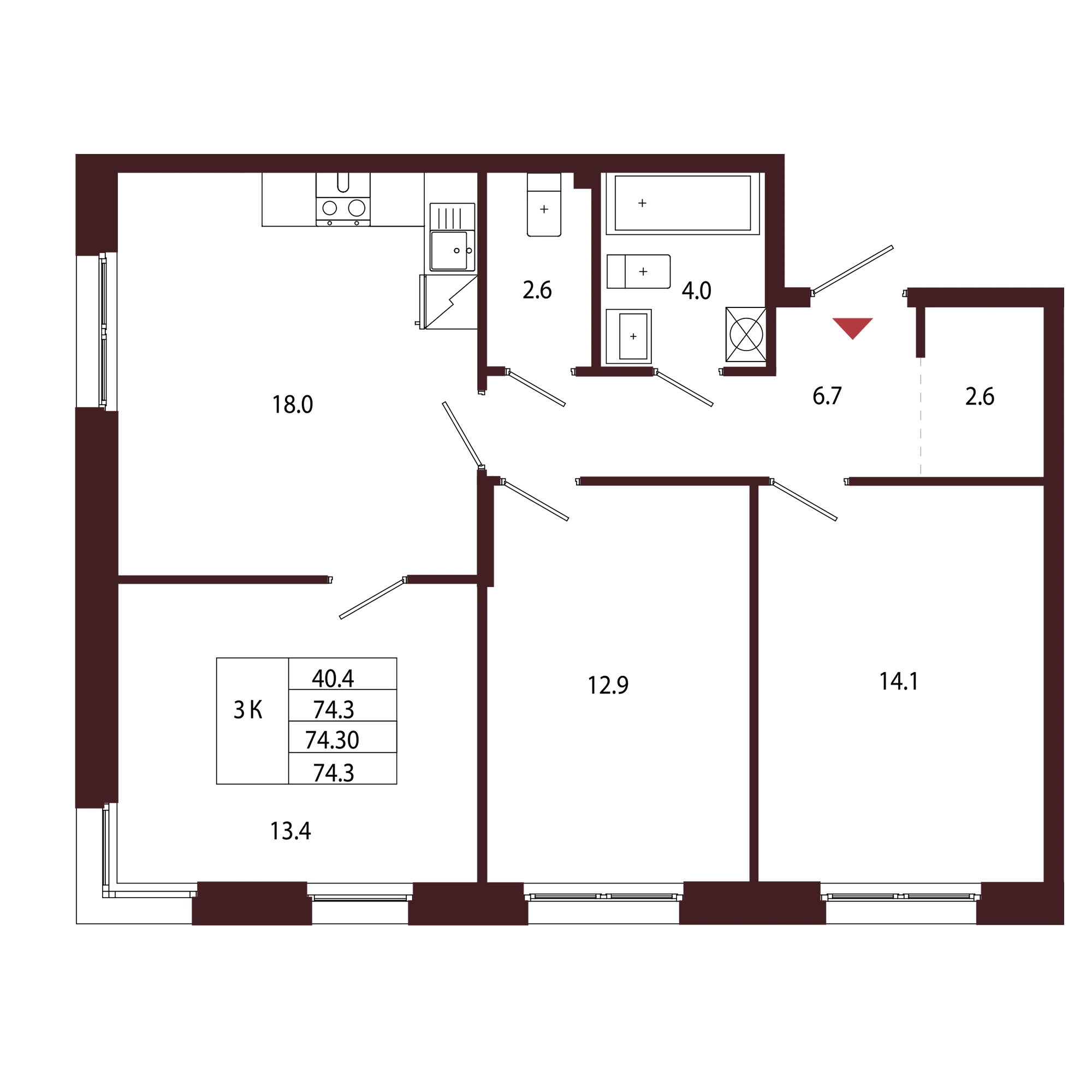 Планировка 3-комнатная 74,3 м² в ЖК «Город-парк «Лисино» — Город-парк «Лисино»