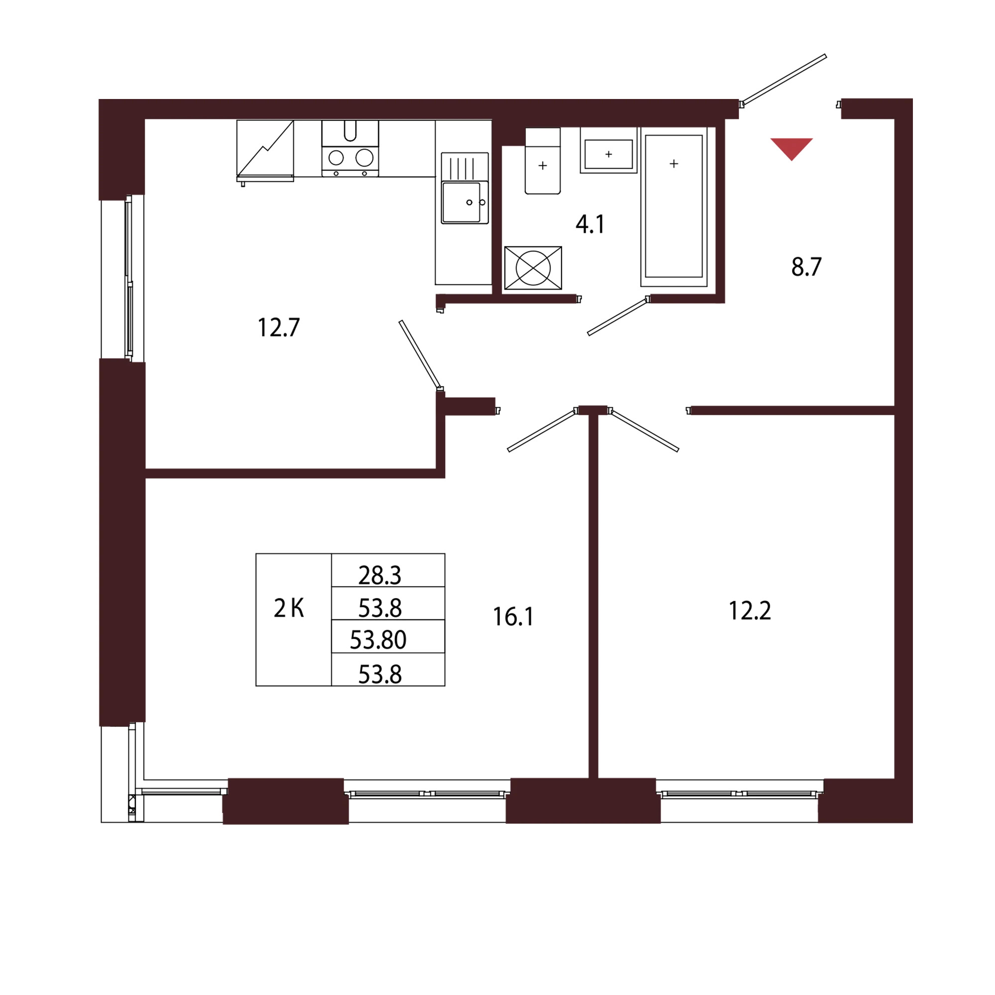 Планировка 2-комнатная 53,8 м² в ЖК «Город-парк «Лисино» — Город-парк «Лисино»