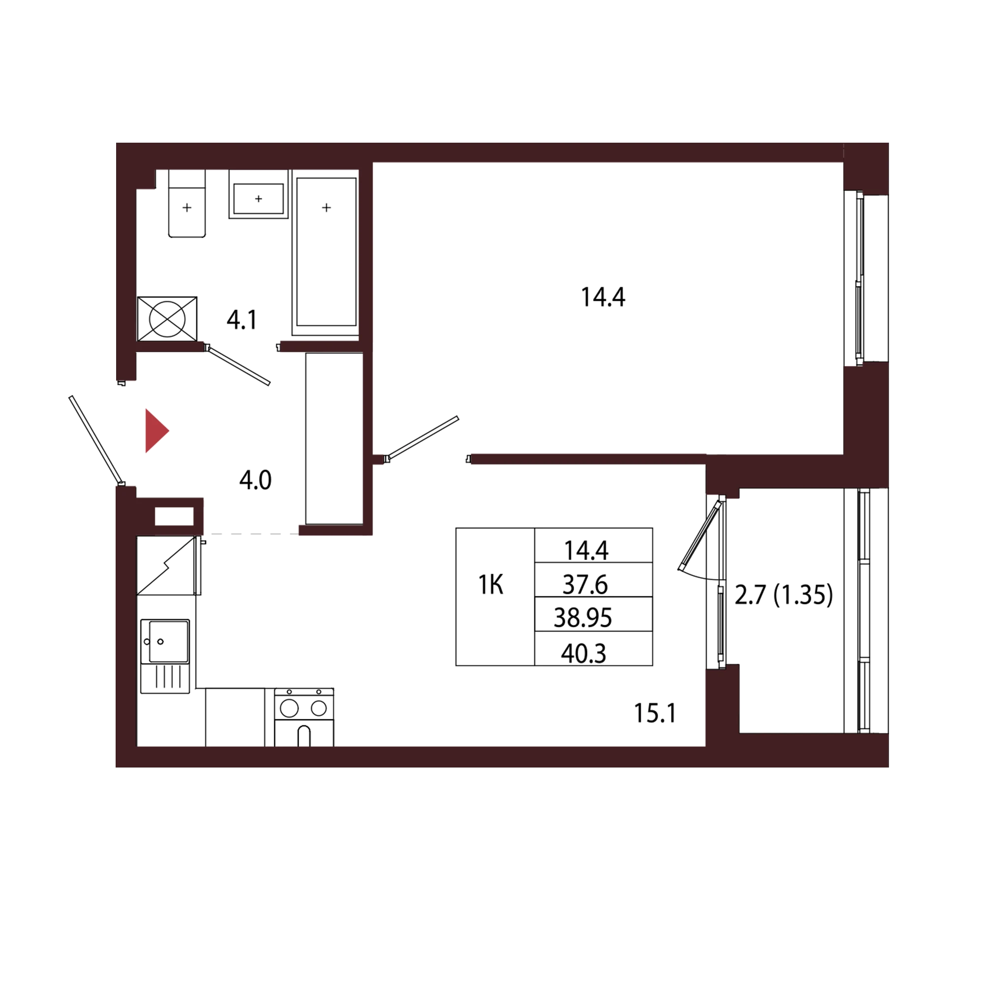 Планировка 1-комнатная 39 м² в ЖК «Город-парк «Лисино» — Город-парк «Лисино»