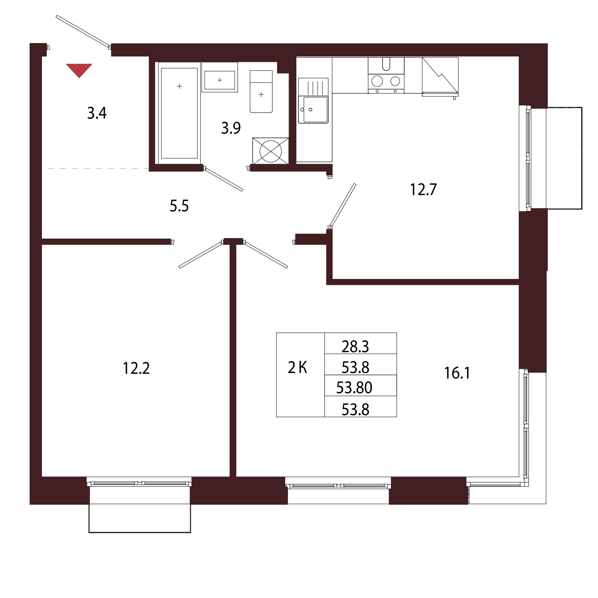 Планировка 2-комнатная 53,8 м² в ЖК «Город-парк «Лисино» — Город-парк «Лисино»