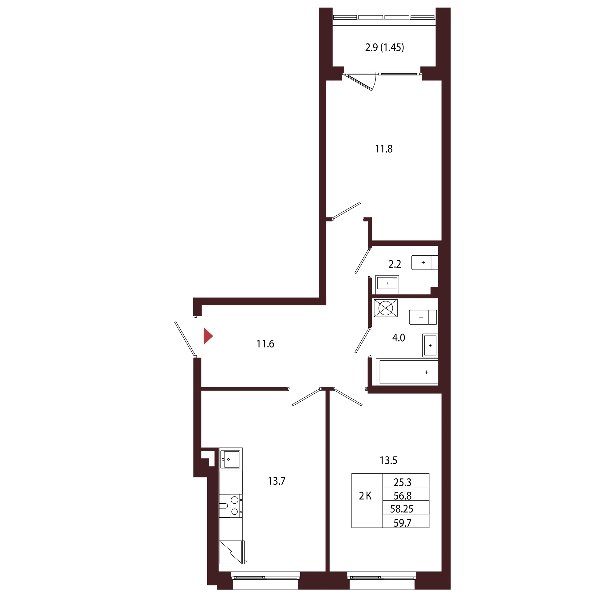 Планировка 2-комнатная 58,2 м² в ЖК «Город-парк «Лисино» — Город-парк «Лисино»
