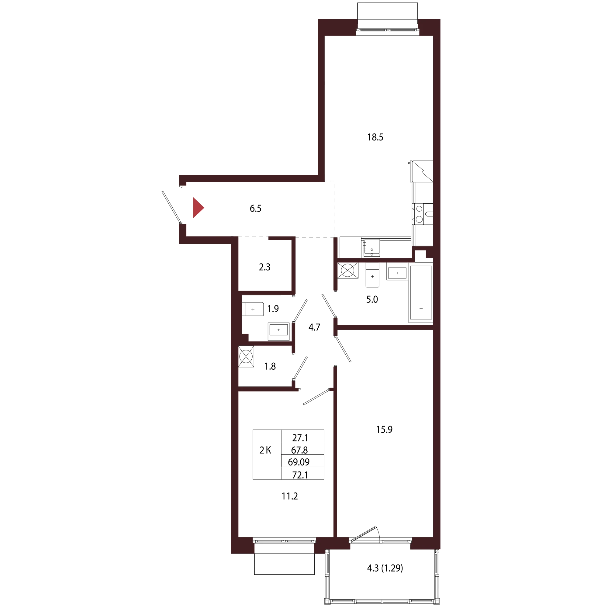 Планировка 2-комнатная 69,1 м² в ЖК «Город-парк «Лисино» — Город-парк «Лисино»