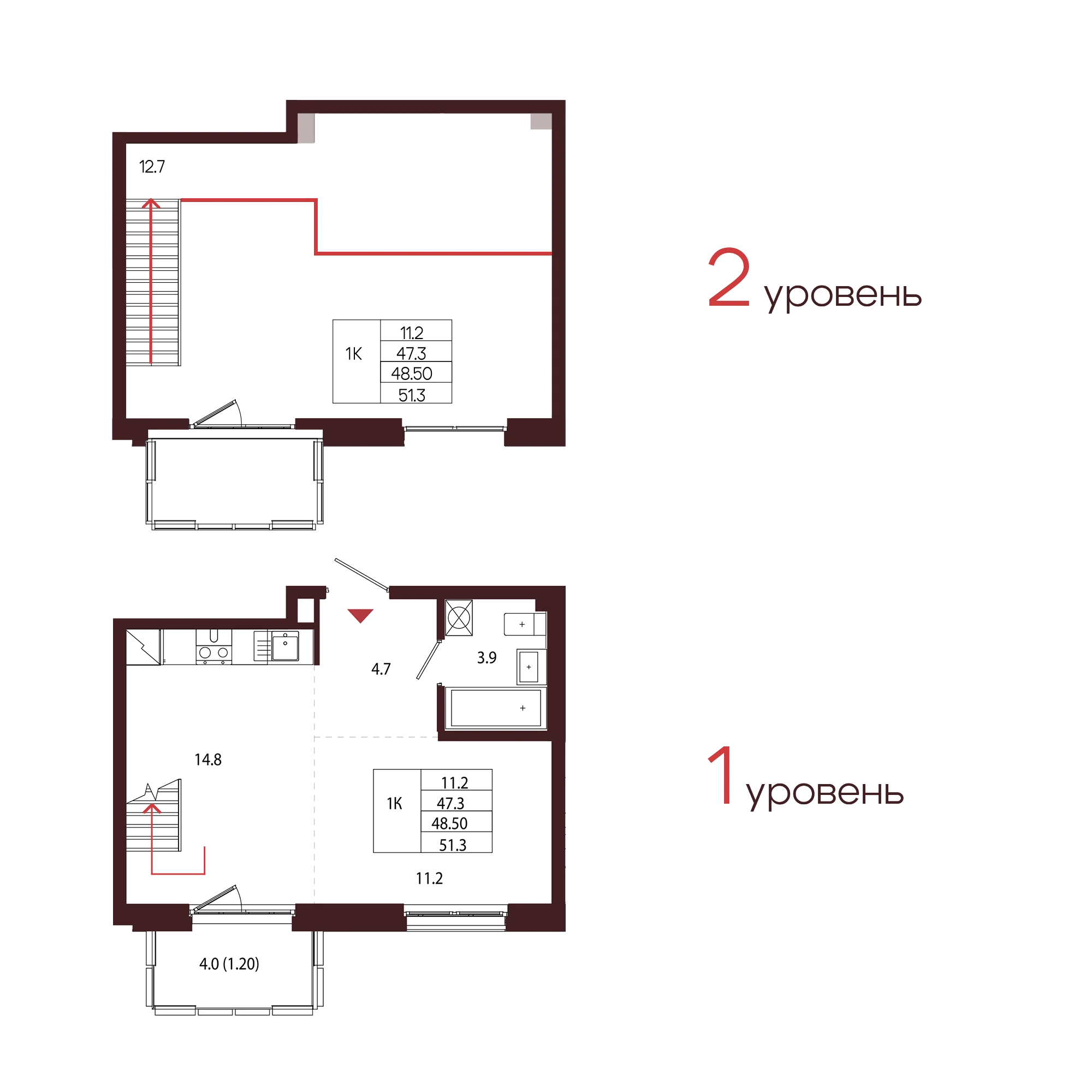 Планировка 1-комнатная 48,5 м² в ЖК «Город-парк «Лисино» — Город-парк «Лисино»
