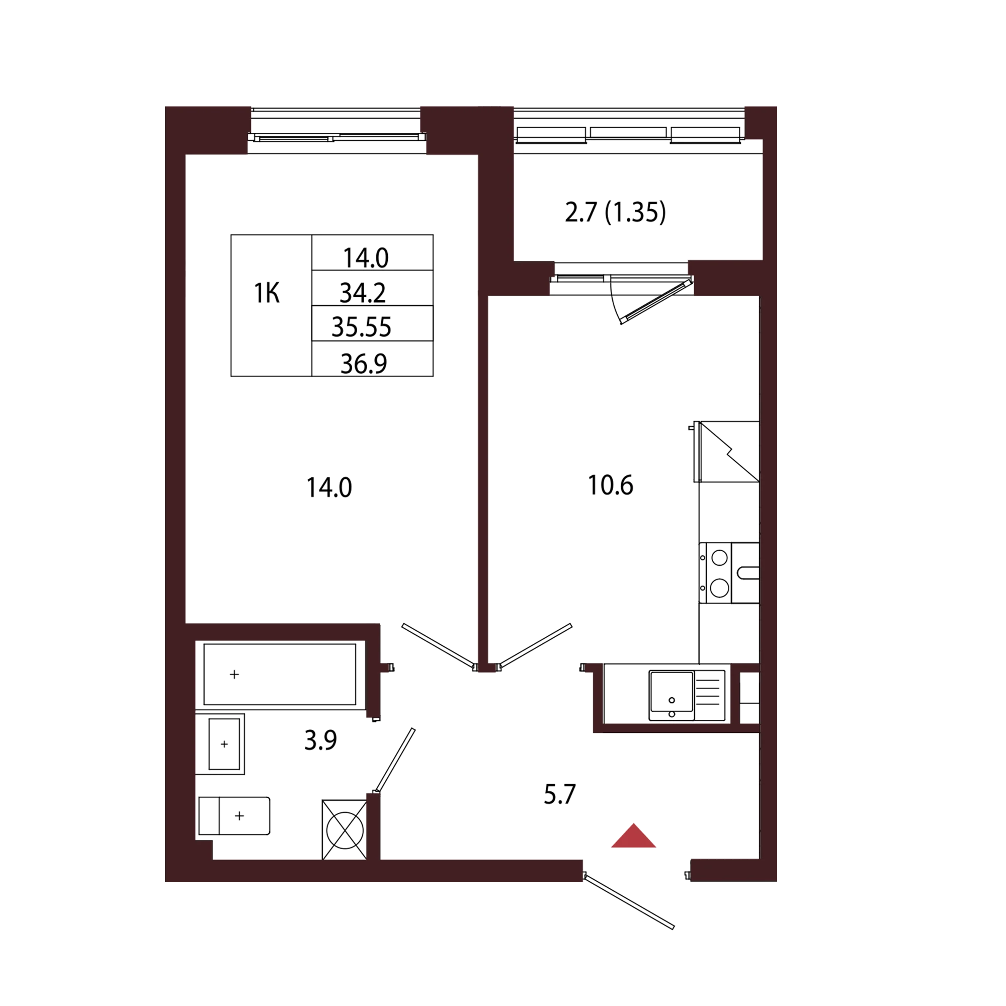Планировка 1-комнатная 35,5 м² в ЖК «Город-парк «Лисино» — Город-парк «Лисино»
