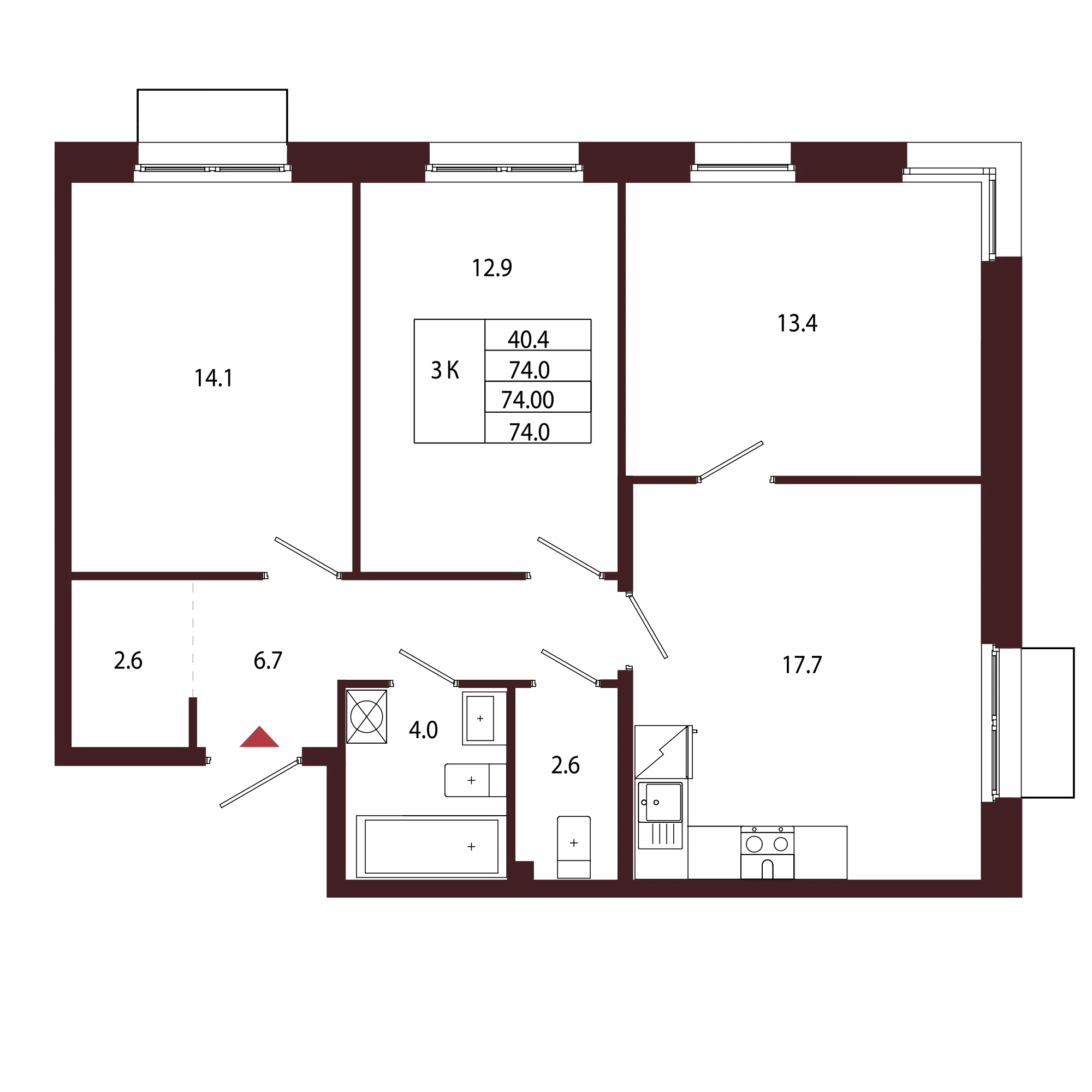 Планировка 3-комнатная 74 м² в ЖК «Город-парк «Лисино» — Город-парк «Лисино»