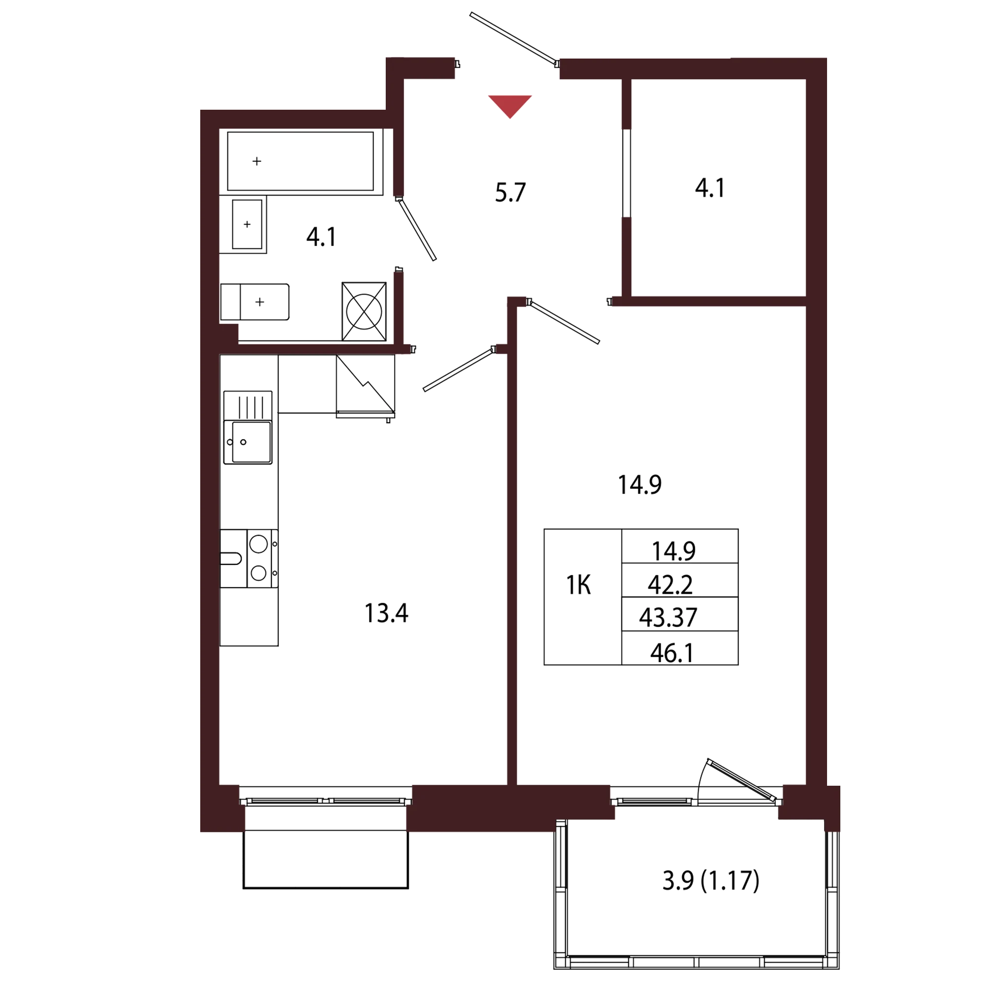 Планировка 1-комнатная 43,4 м² в ЖК «Город-парк «Лисино» — Город-парк «Лисино»