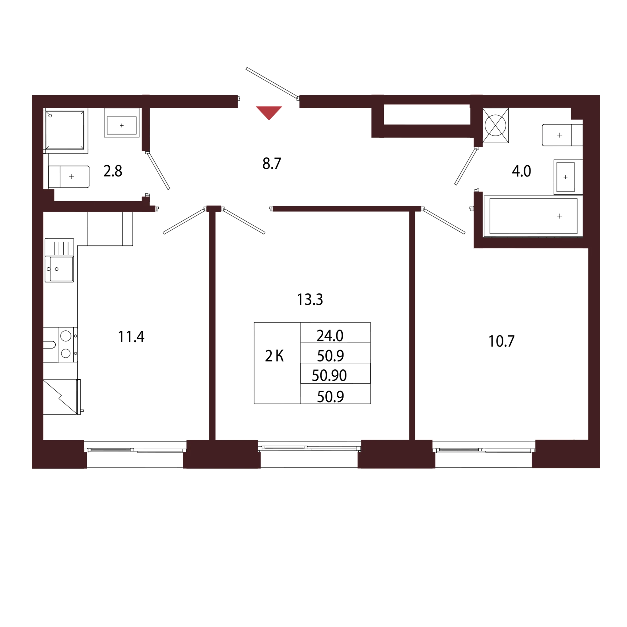 Планировка 2-комнатная 50,9 м² в ЖК «Город-парк «Лисино» — Город-парк «Лисино»