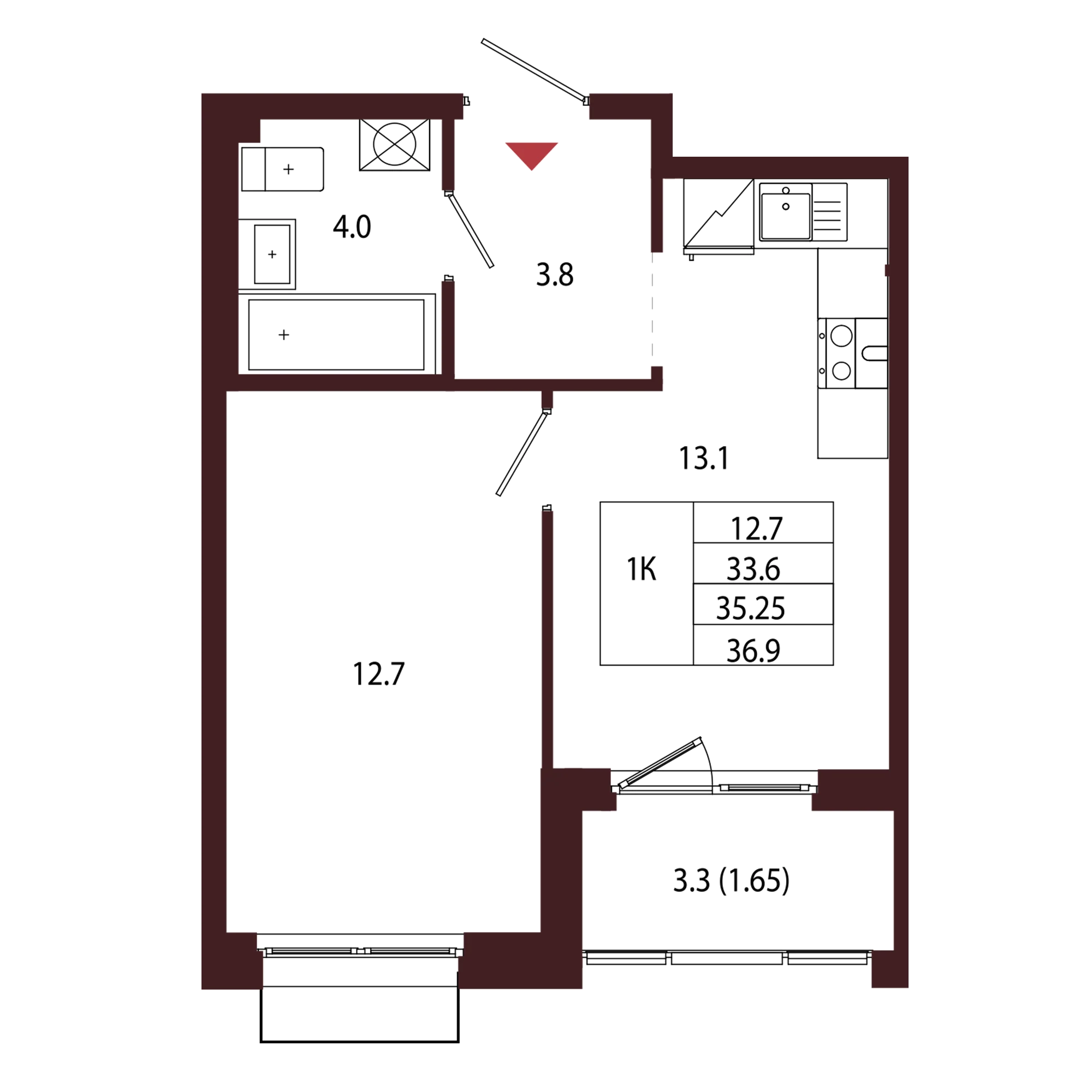 Планировка 1-комнатная 35,2 м² в ЖК «Город-парк «Лисино» — Город-парк «Лисино»