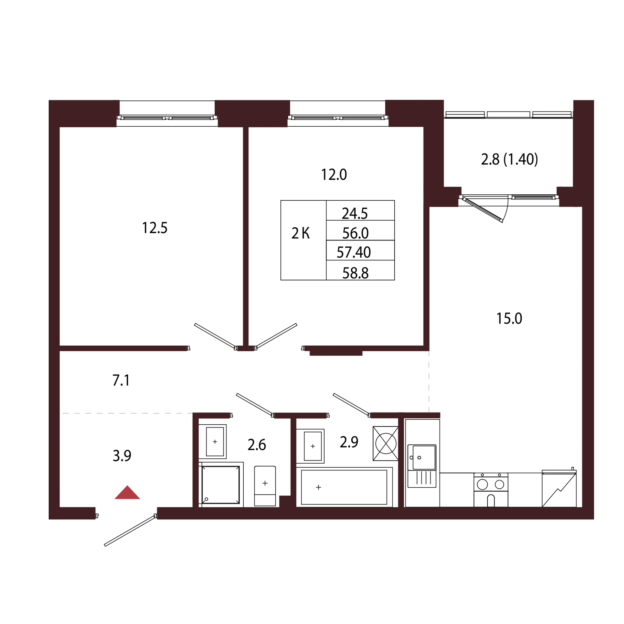 Планировка 2-комнатная 57,4 м² в ЖК «Город-парк «Лисино» — Город-парк «Лисино»