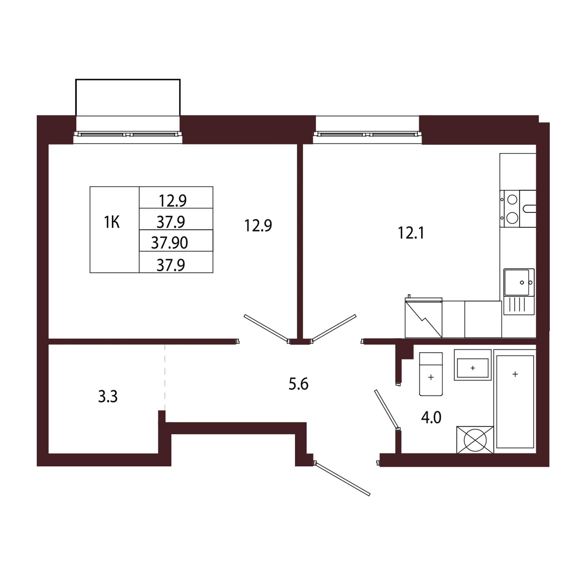 Планировка 1-комнатная 37,9 м² в ЖК «Город-парк «Лисино» — Город-парк «Лисино»