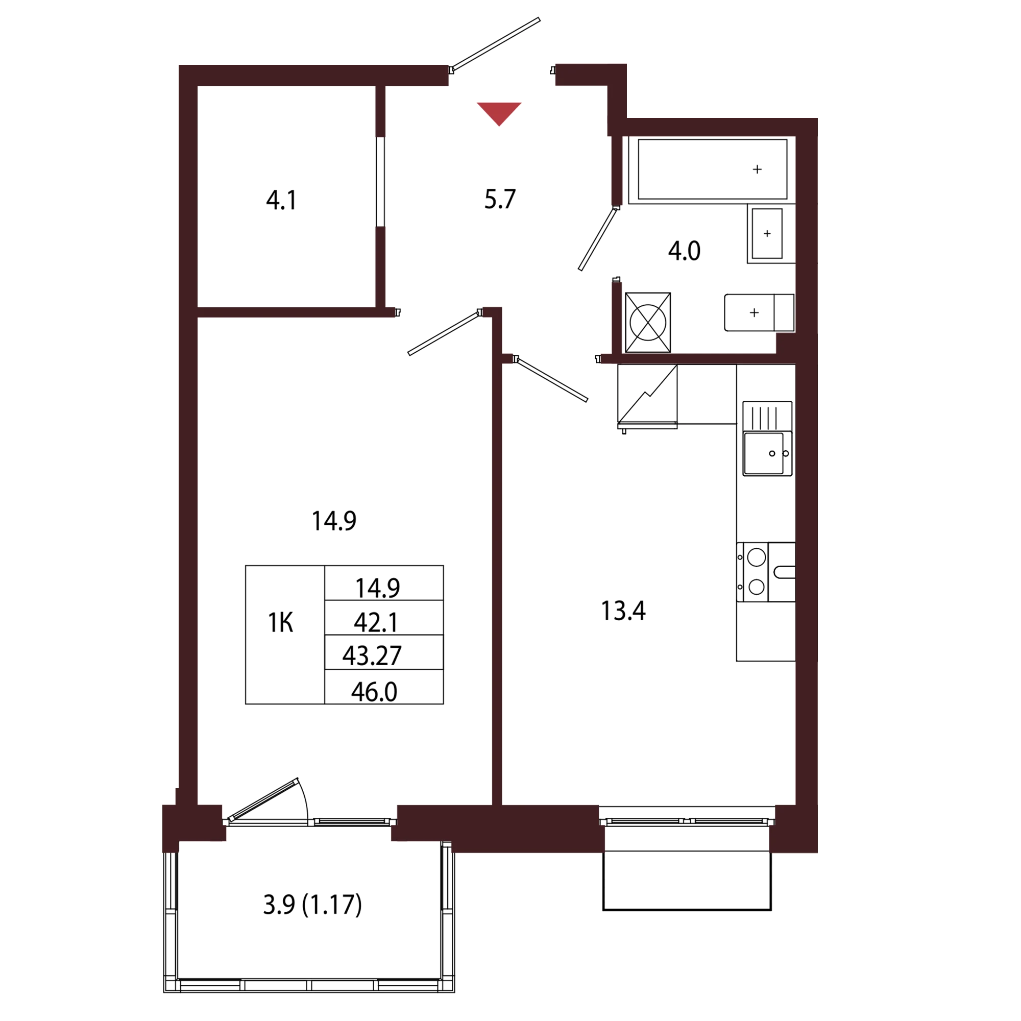 Планировка 1-комнатная 43,3 м² в ЖК «Город-парк «Лисино» — Город-парк «Лисино»