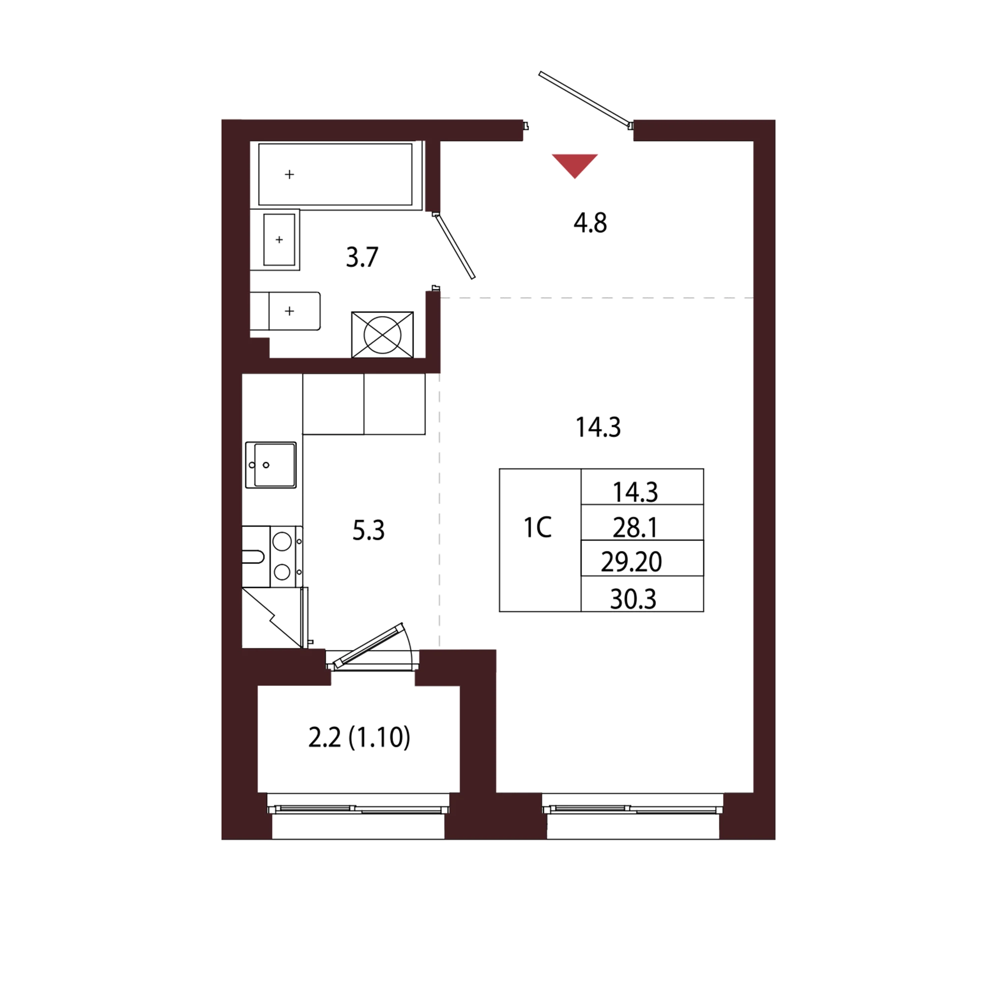 Планировка 1-комнатная 29,2 м² в ЖК «Город-парк «Лисино» — Город-парк «Лисино»