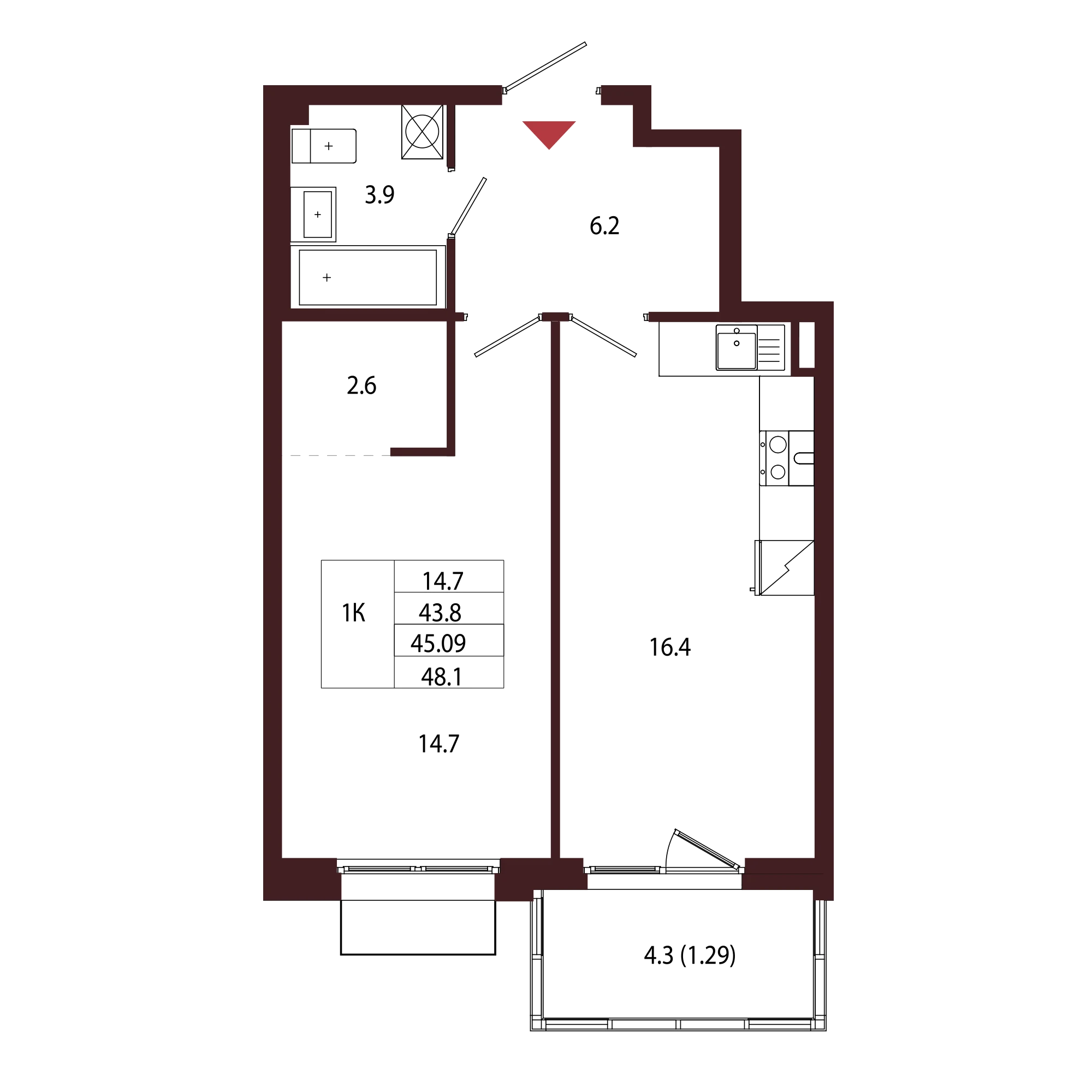 Планировка 1-комнатная 45,1 м² в ЖК «Город-парк «Лисино» — Город-парк «Лисино»