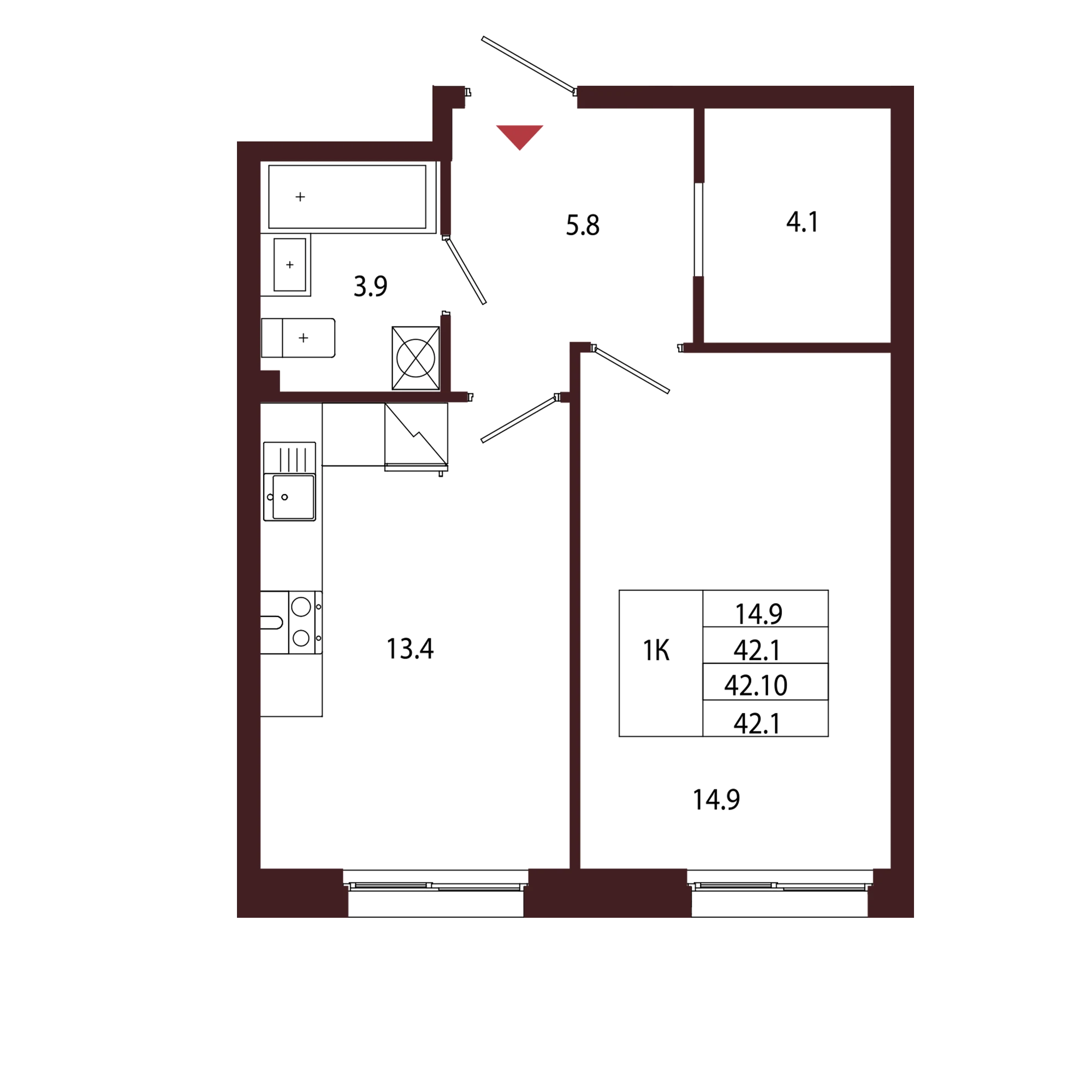 Планировка 1-комнатная 42,1 м² в ЖК «Город-парк «Лисино» — Город-парк «Лисино»
