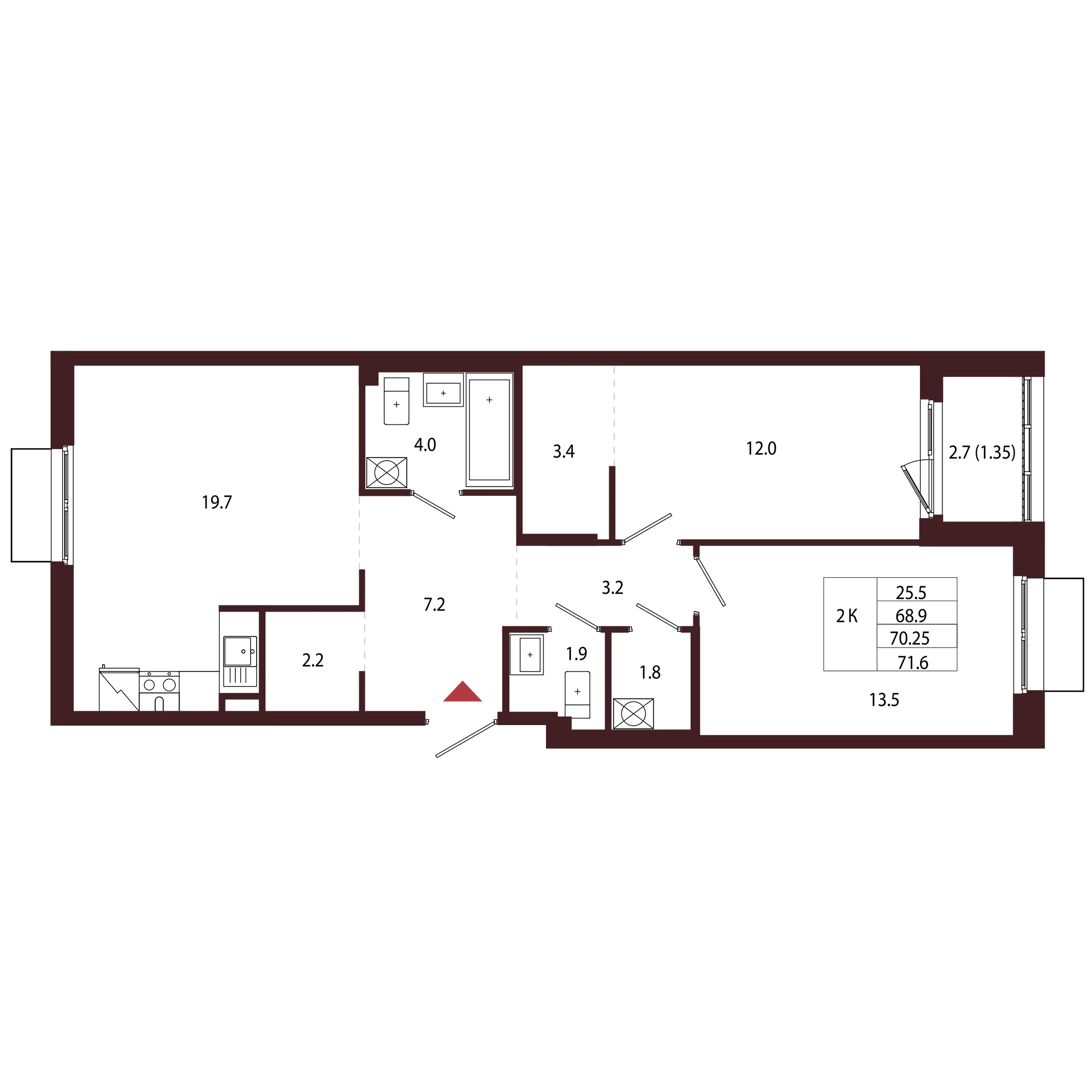 Планировка 2-комнатная 70,2 м² в ЖК «Город-парк «Лисино» — Город-парк «Лисино»