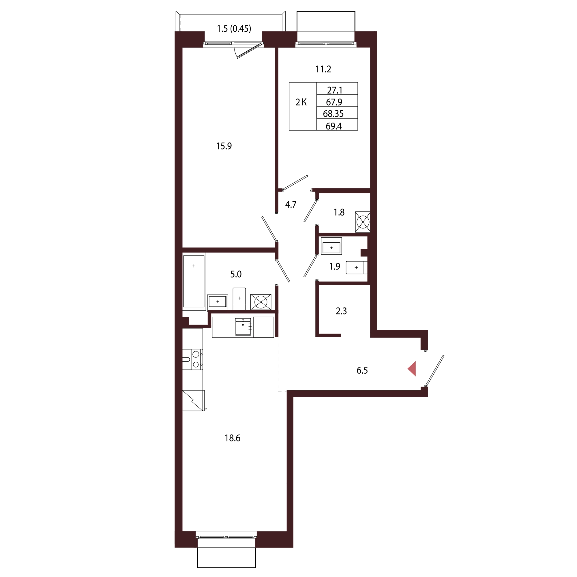 Планировка 2-комнатная 68,3 м² в ЖК «Город-парк «Лисино» — Город-парк «Лисино»
