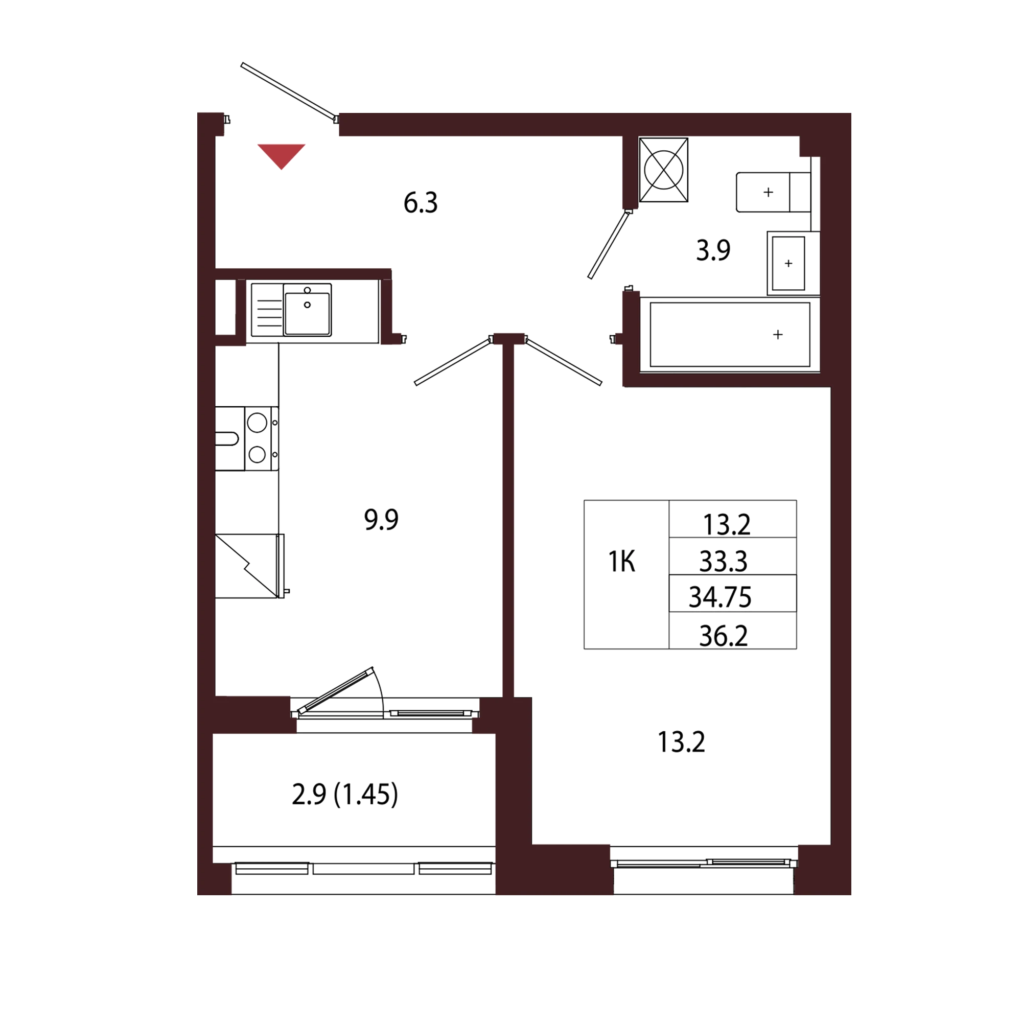 Планировка 1-комнатная 34,8 м² в ЖК «Город-парк «Лисино» — Город-парк «Лисино»