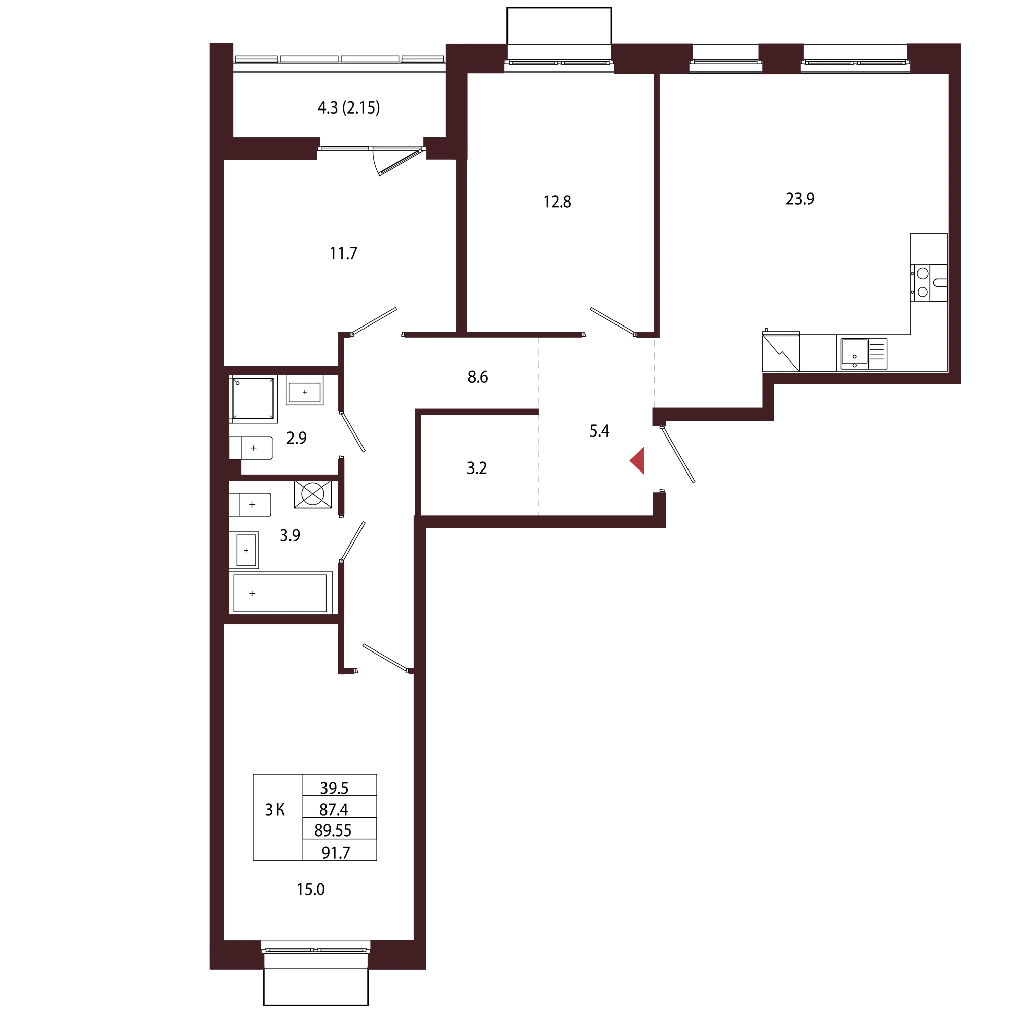 Планировка 3-комнатная 89,5 м² в ЖК «Город-парк «Лисино» — Город-парк «Лисино»