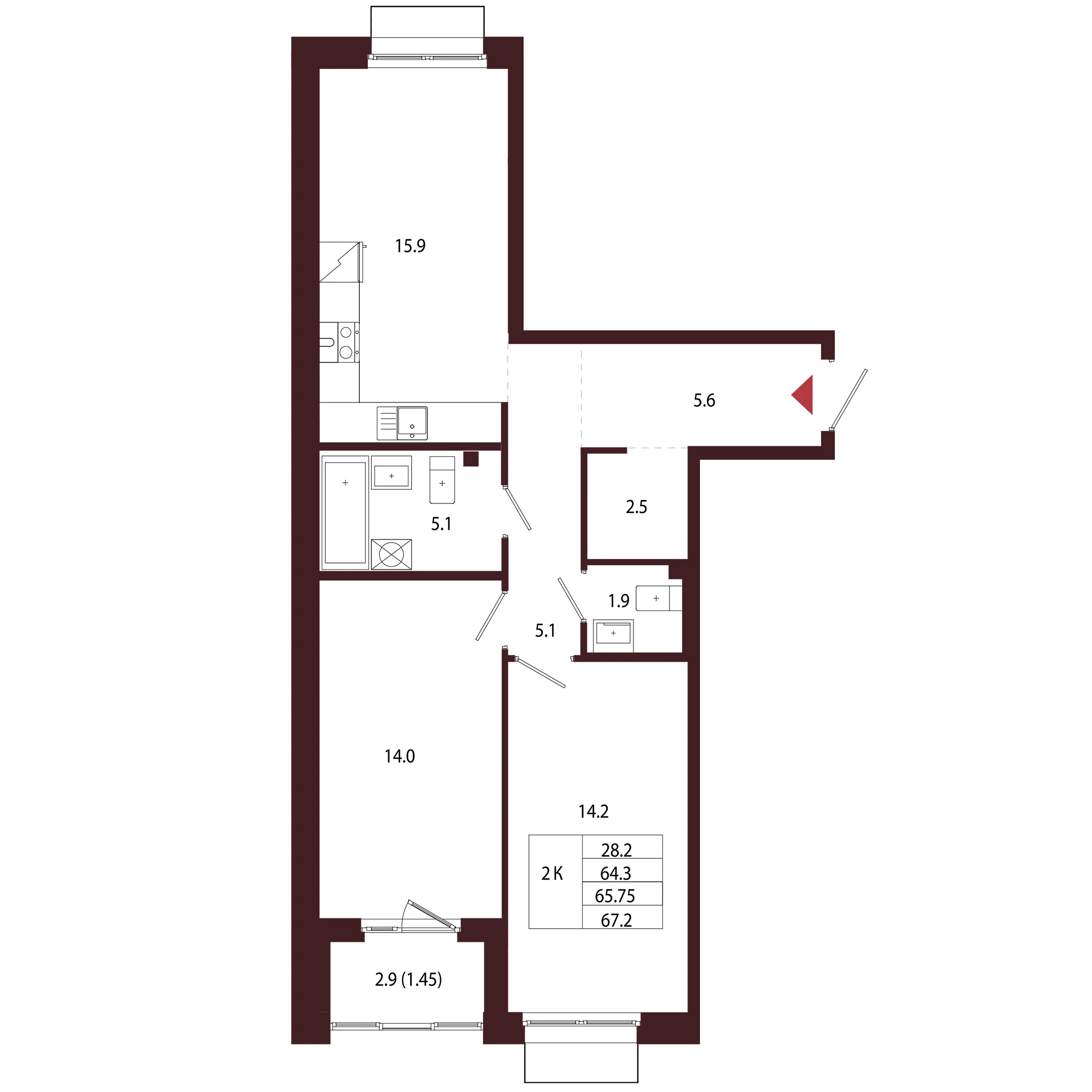 Планировка 2-комнатная 65,8 м² в ЖК «Город-парк «Лисино» — Город-парк «Лисино»
