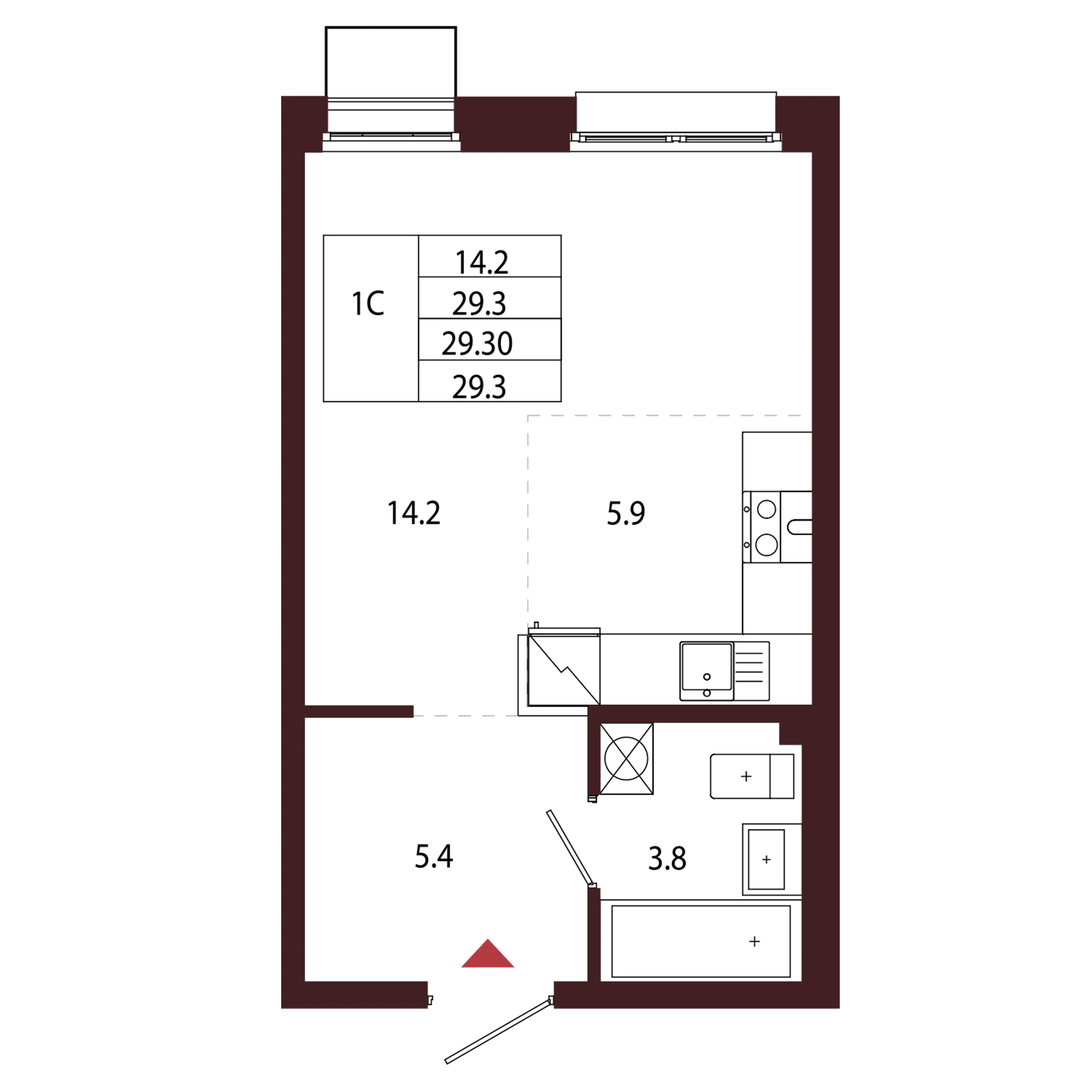 Планировка 1-комнатная 29,3 м² в ЖК «Город-парк «Лисино» — Город-парк «Лисино»