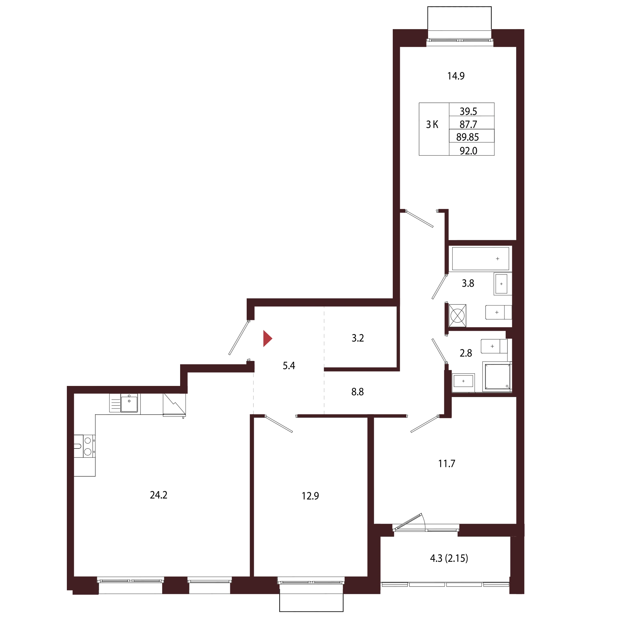 Планировка 3-комнатная 89,8 м² в ЖК «Город-парк «Лисино» — Город-парк «Лисино»