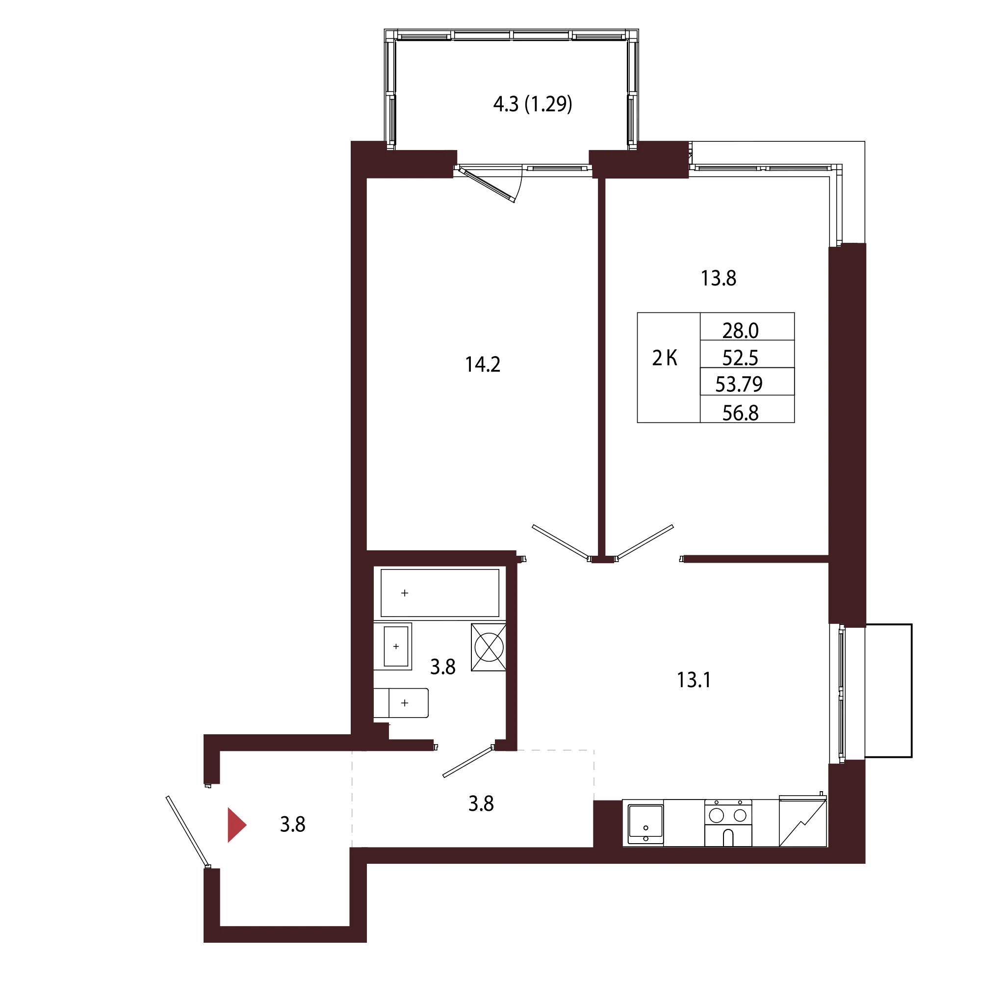 Планировка 2-комнатная 53,8 м² в ЖК «Город-парк «Лисино» — Город-парк «Лисино»