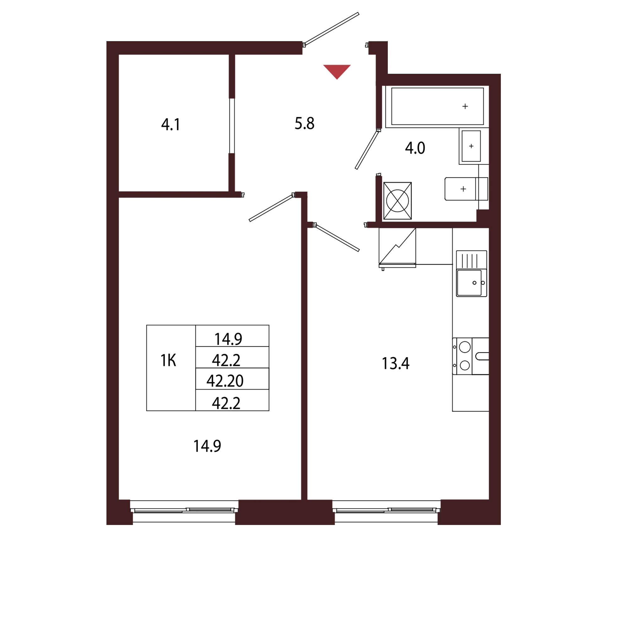Планировка 1-комнатная 42,2 м² в ЖК «Город-парк «Лисино» — Город-парк «Лисино»