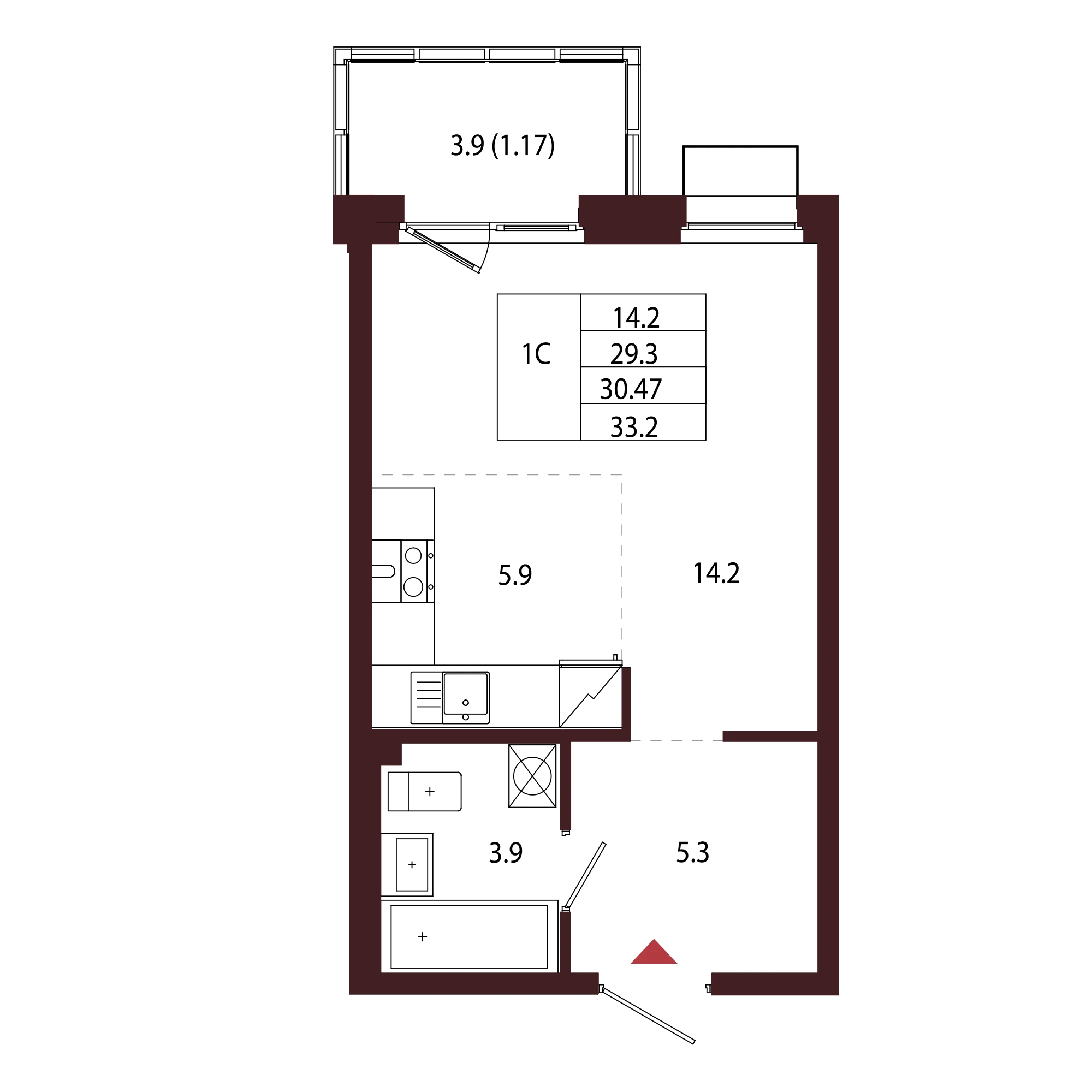 Планировка 1-комнатная 30,5 м² в ЖК «Город-парк «Лисино» — Город-парк «Лисино»