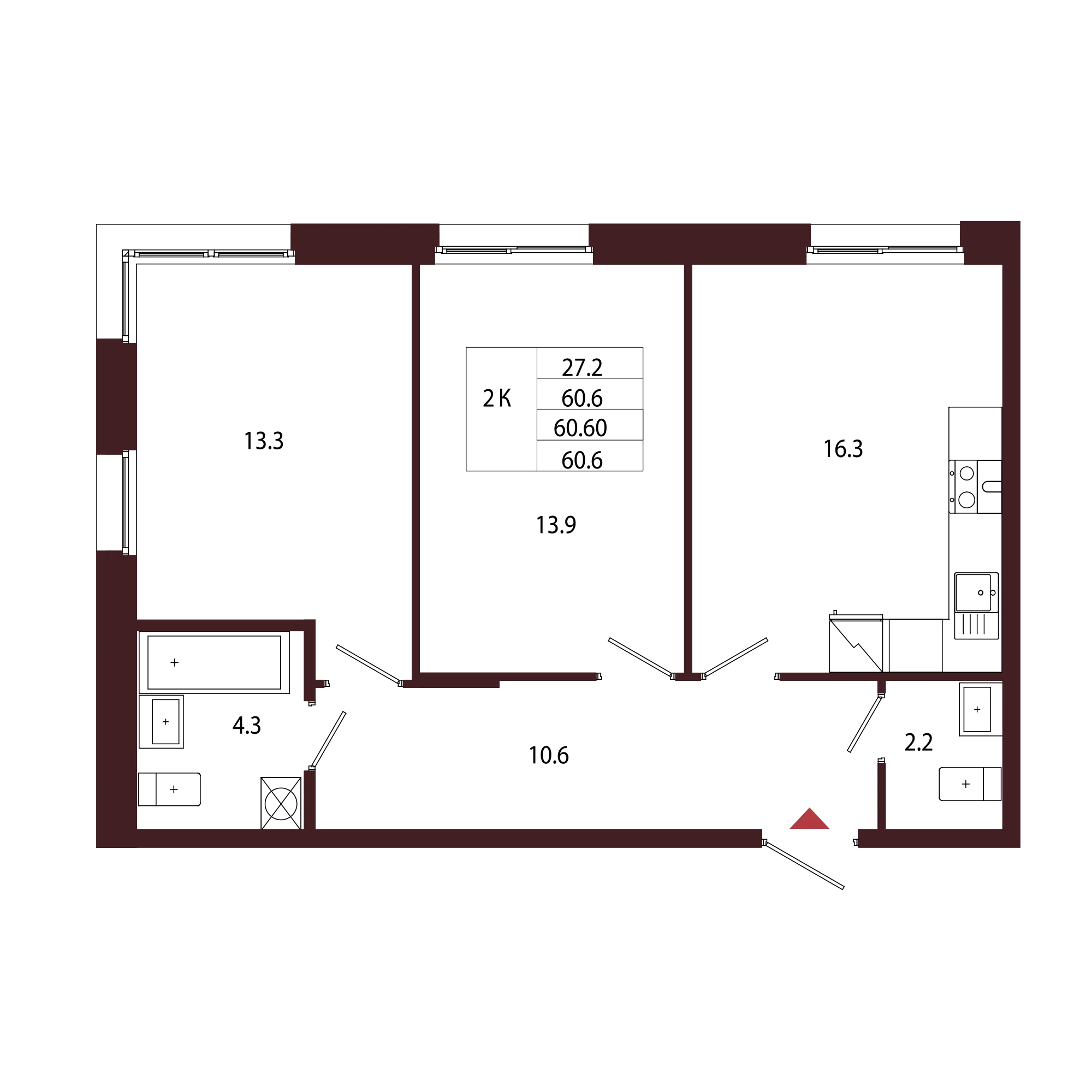 Планировка 2-комнатная 60,6 м² в ЖК «Город-парк «Лисино» — Город-парк «Лисино»