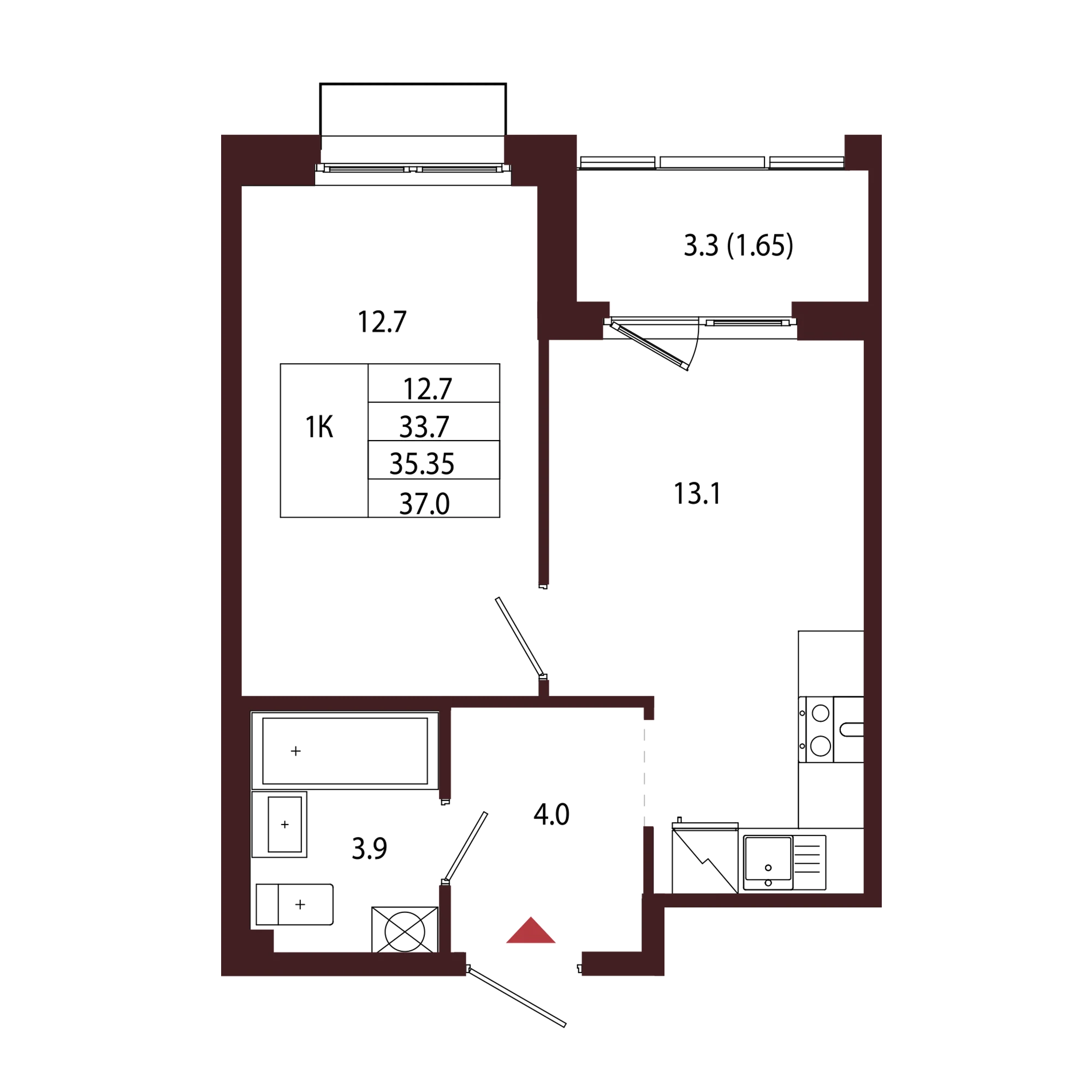 Планировка 1-комнатная 35,4 м² в ЖК «Город-парк «Лисино» — Город-парк «Лисино»