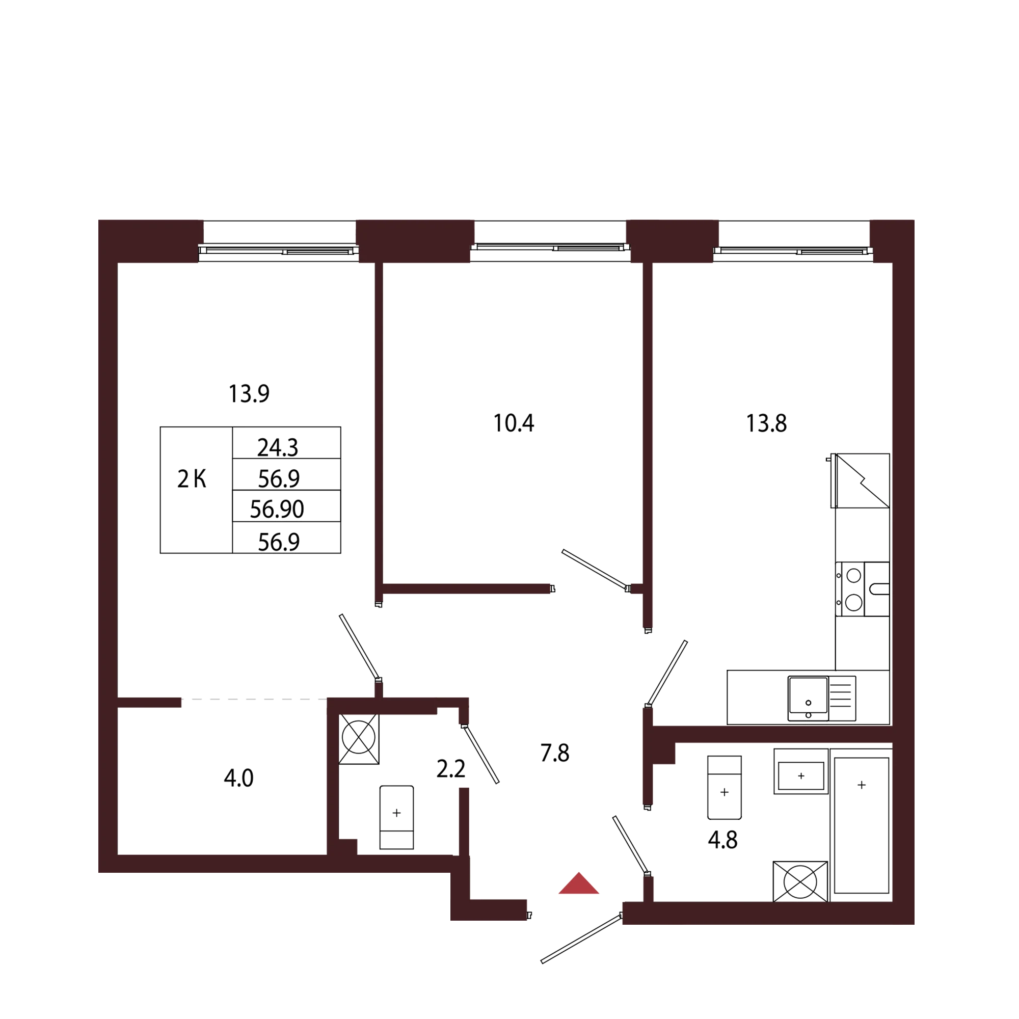 Планировка 2-комнатная 56,9 м² в ЖК «Город-парк «Лисино» — Город-парк «Лисино»