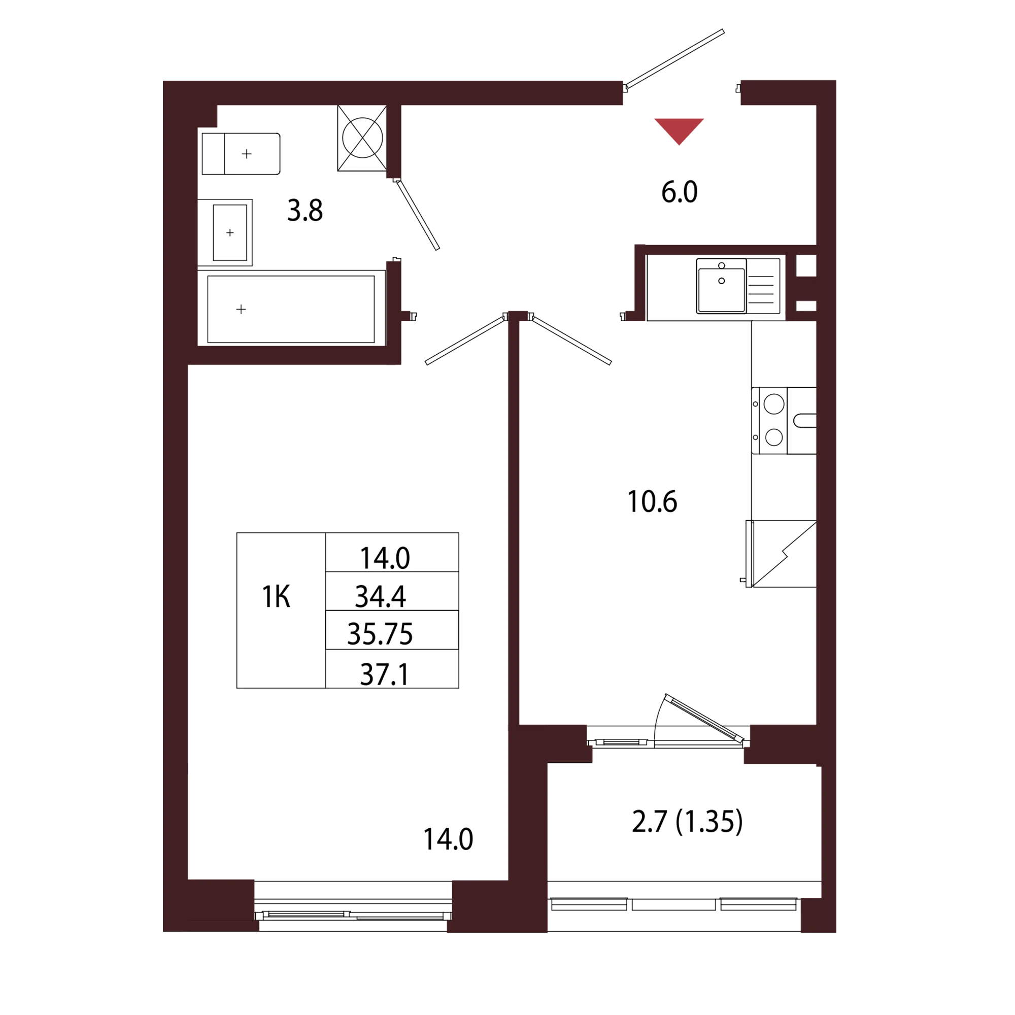 Планировка 1-комнатная 35,8 м² в ЖК «Город-парк «Лисино» — Город-парк «Лисино»