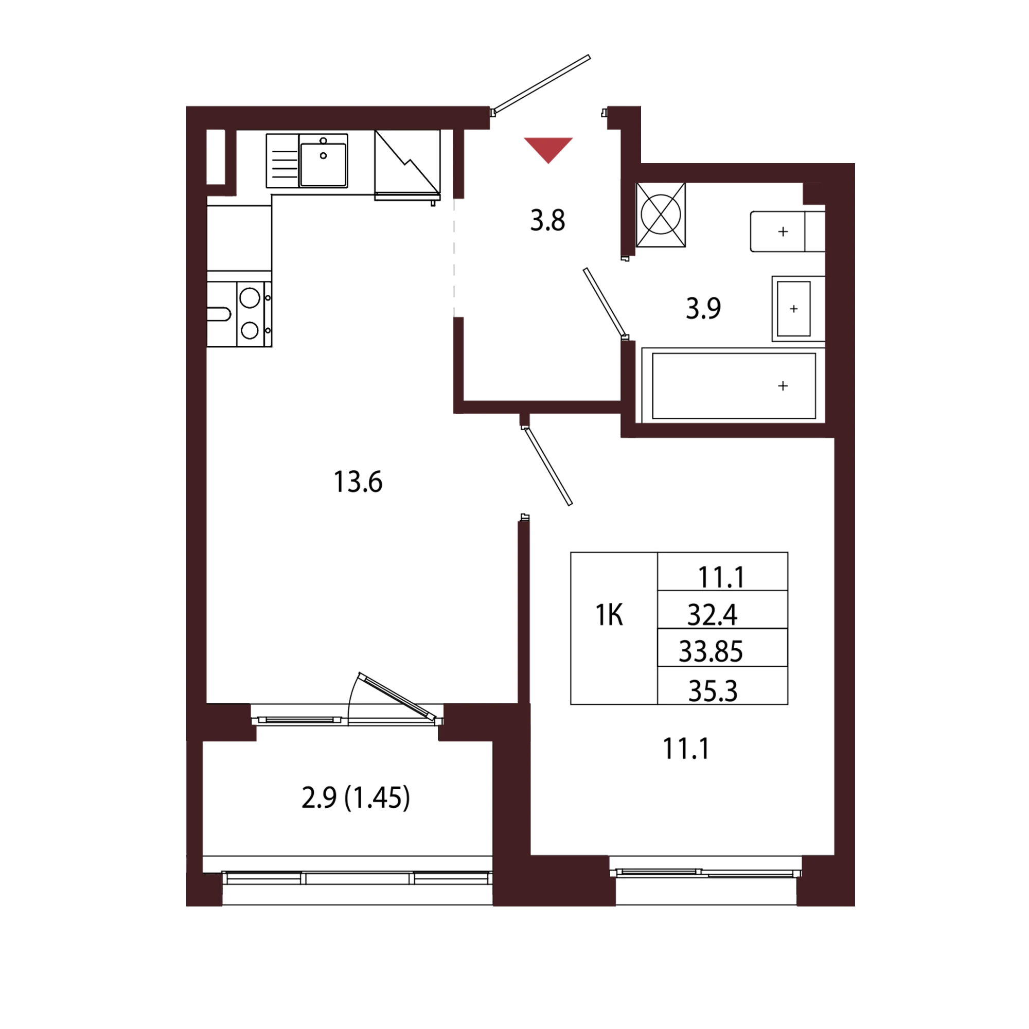 Планировка 1-комнатная 33,9 м² в ЖК «Город-парк «Лисино» — Город-парк «Лисино»