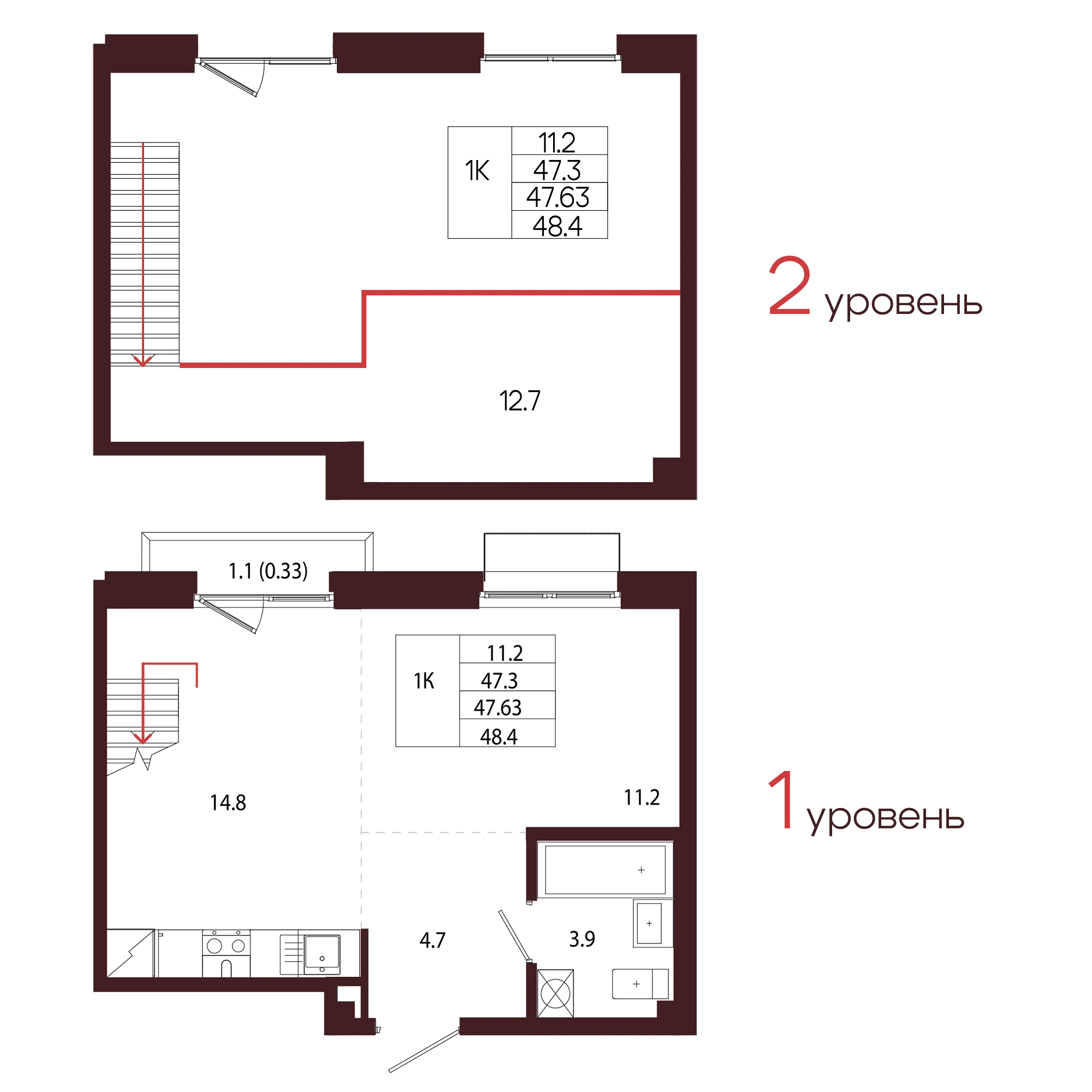Планировка 1-комнатная 47,6 м² в ЖК «Город-парк «Лисино» — Город-парк «Лисино»