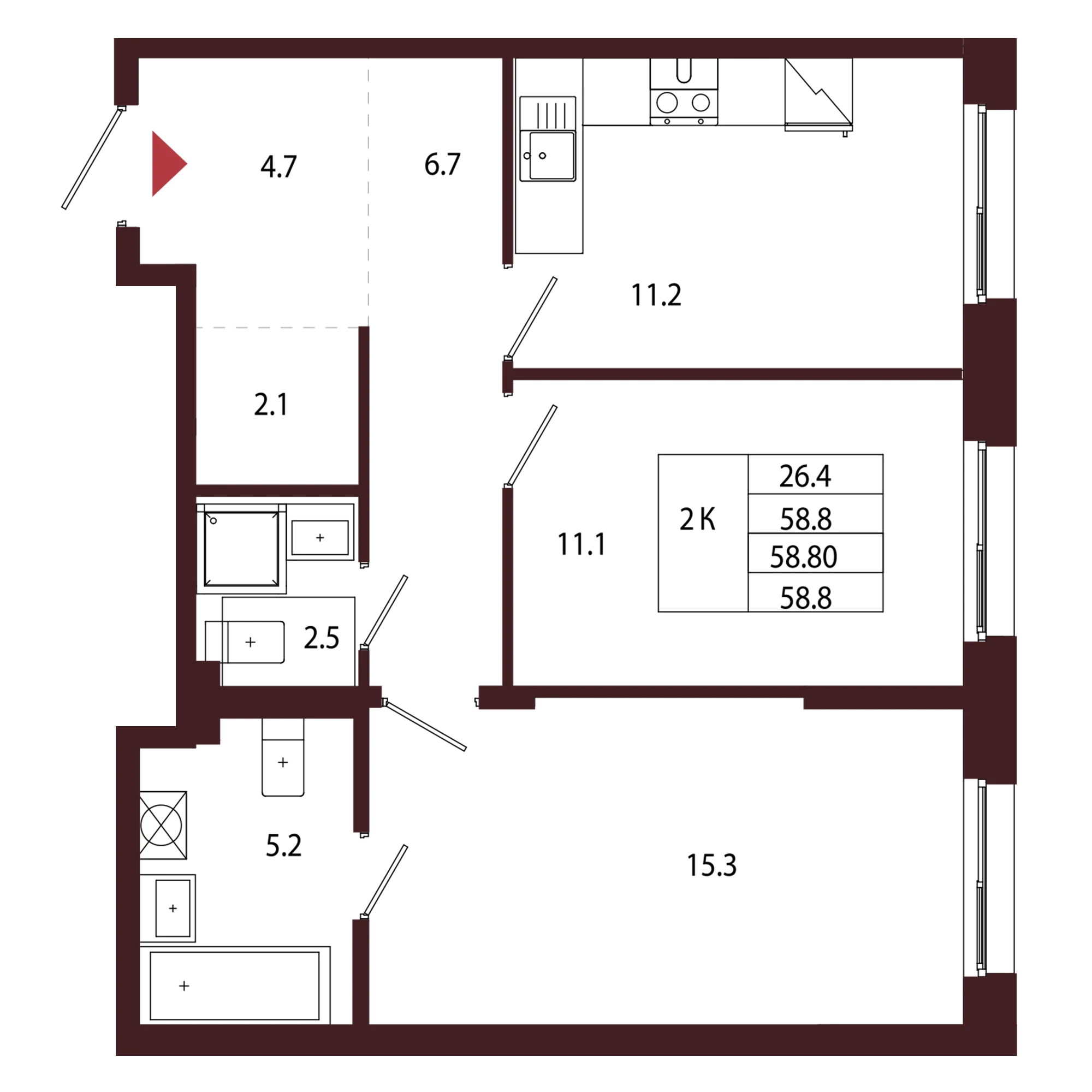 Планировка 2-комнатная 58,8 м² в ЖК «Город-парк «Лисино» — Город-парк «Лисино»