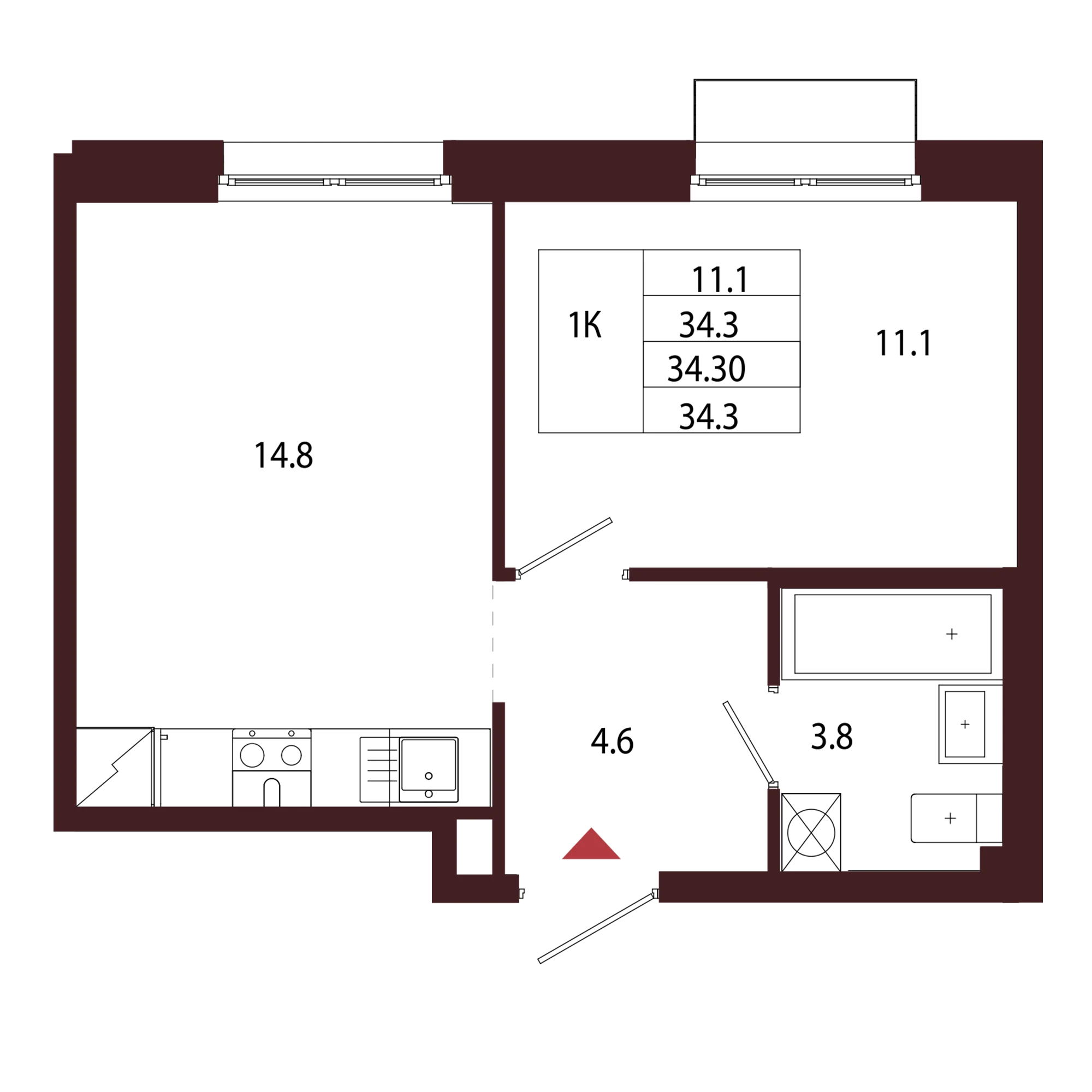 Планировка 1-комнатная 34,3 м² в ЖК «Город-парк «Лисино» — Город-парк «Лисино»