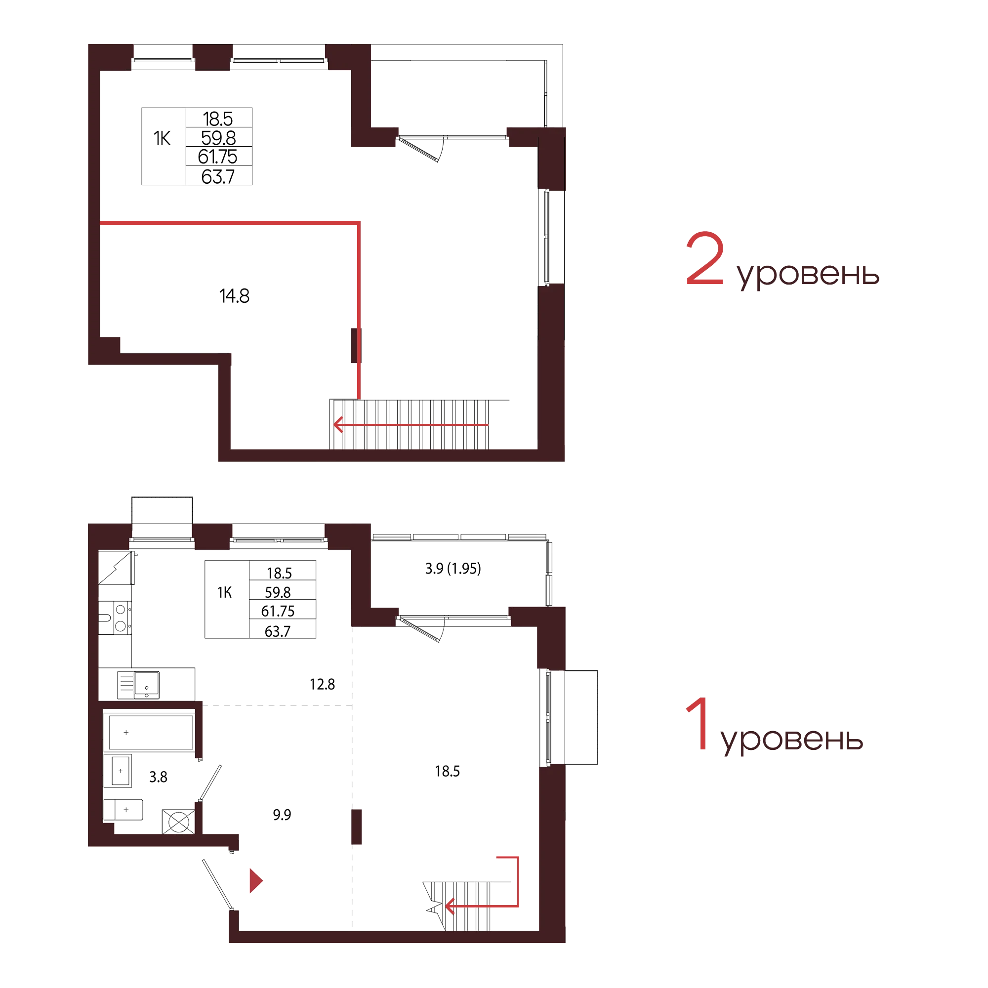Планировка 1-комнатная 61,8 м² в ЖК «Город-парк «Лисино» — Город-парк «Лисино»
