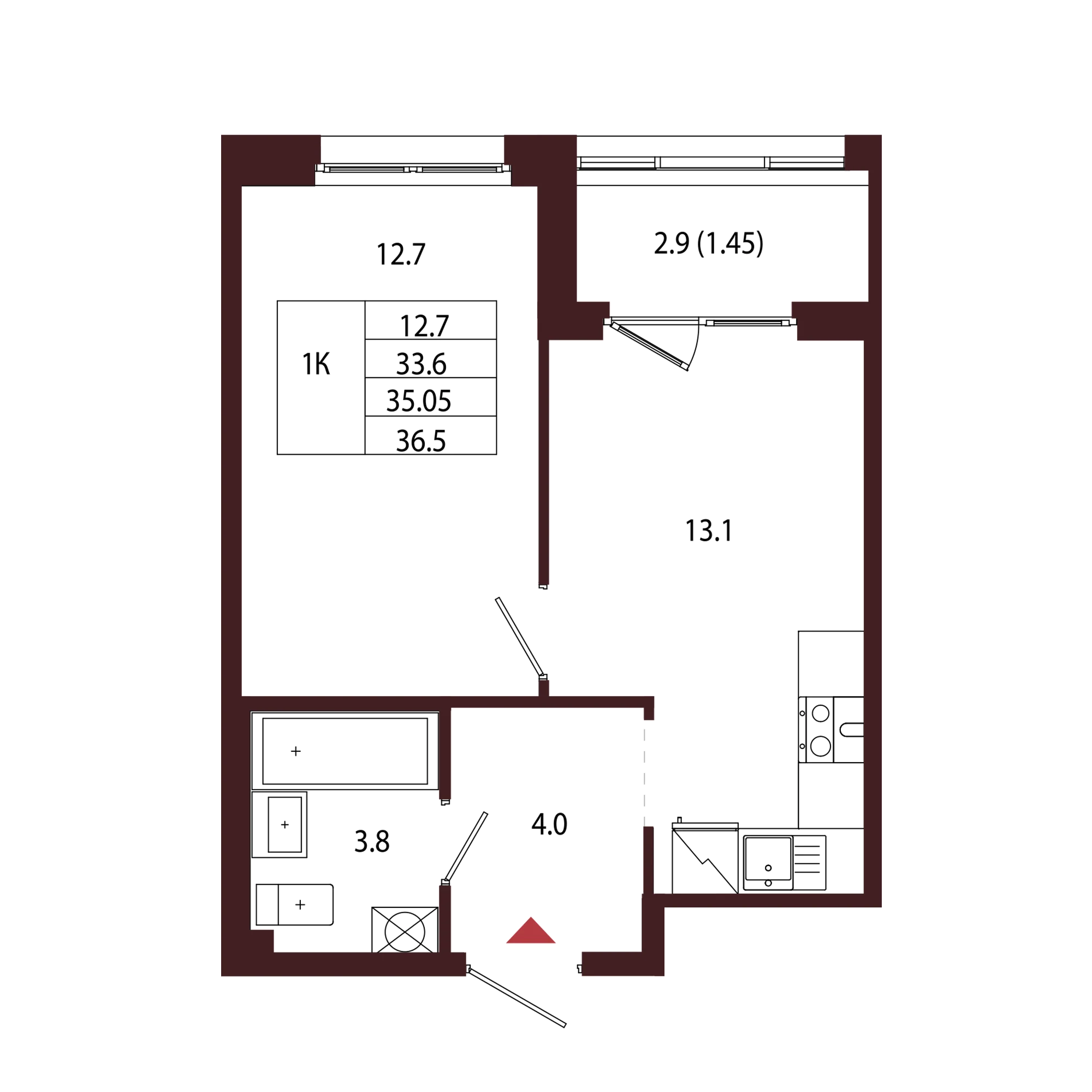 Планировка 1-комнатная 35 м² в ЖК «Город-парк «Лисино» — Город-парк «Лисино»