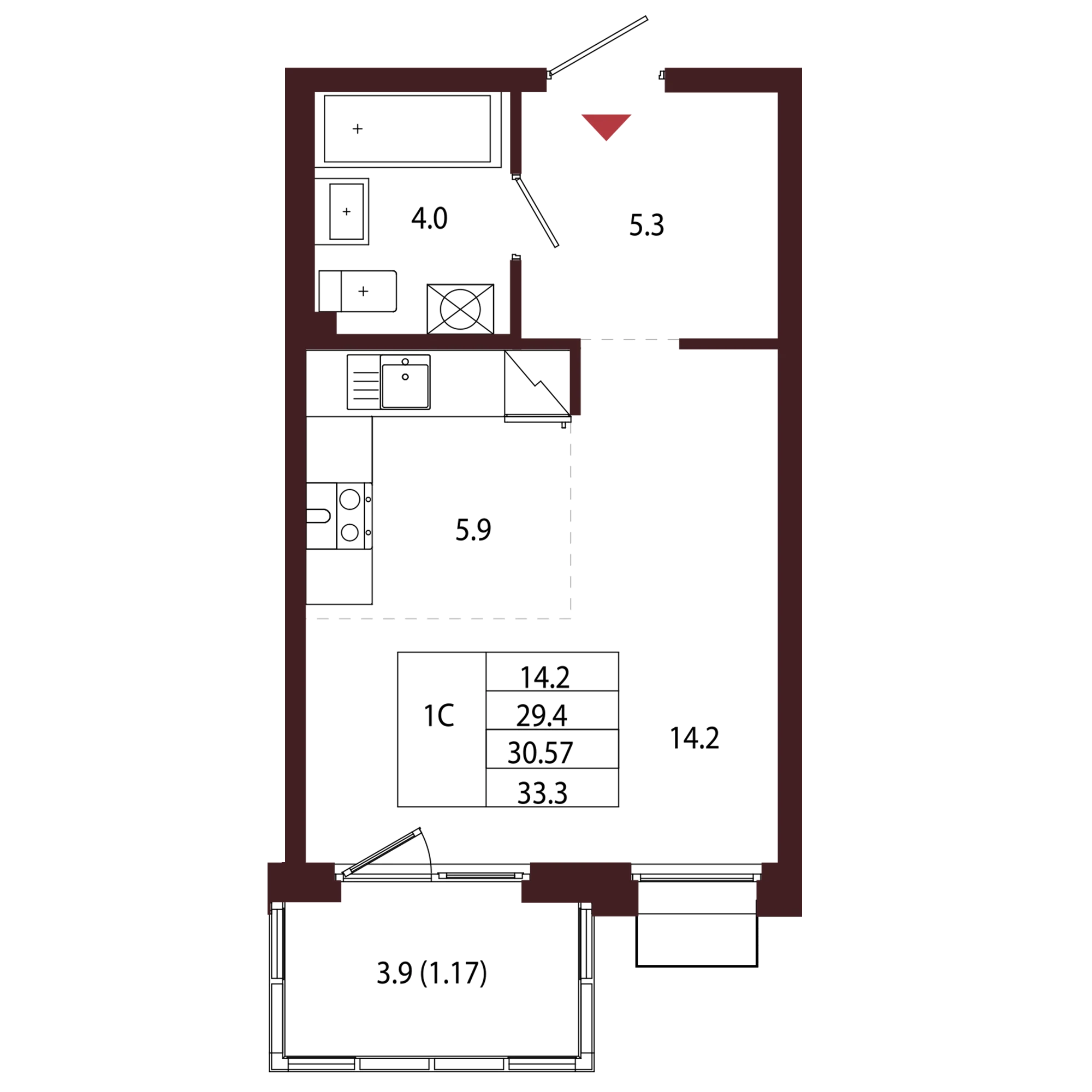 Планировка 1-комнатная 30,6 м² в ЖК «Город-парк «Лисино» — Город-парк «Лисино»
