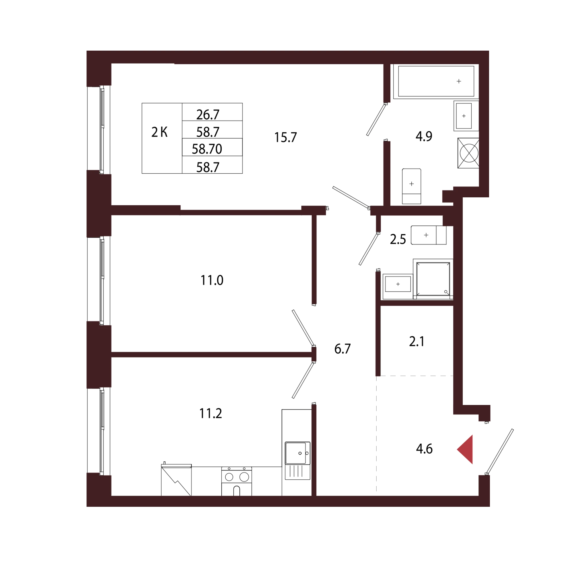Планировка 2-комнатная 58,7 м² в ЖК «Город-парк «Лисино» — Город-парк «Лисино»