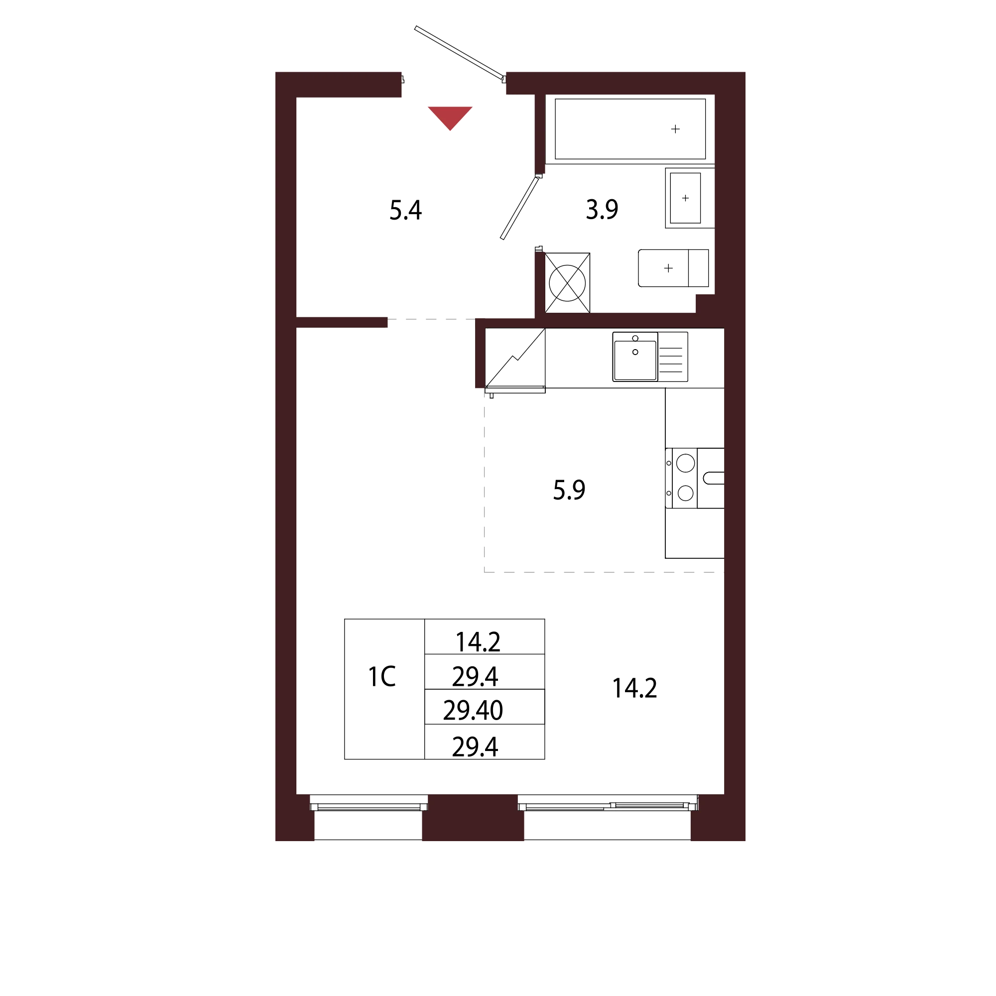 Планировка 1-комнатная 29,4 м² в ЖК «Город-парк «Лисино» — Город-парк «Лисино»