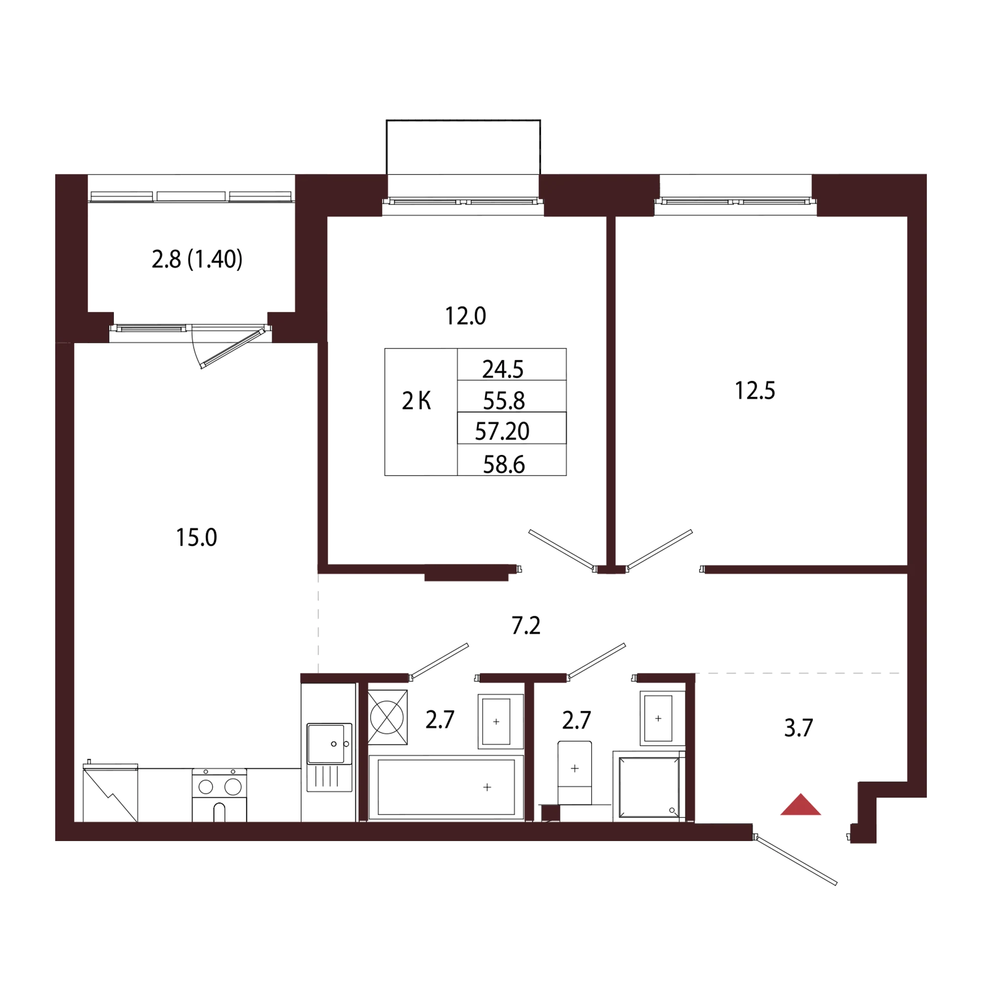Планировка 2-комнатная 57,2 м² в ЖК «Город-парк «Лисино» — Город-парк «Лисино»