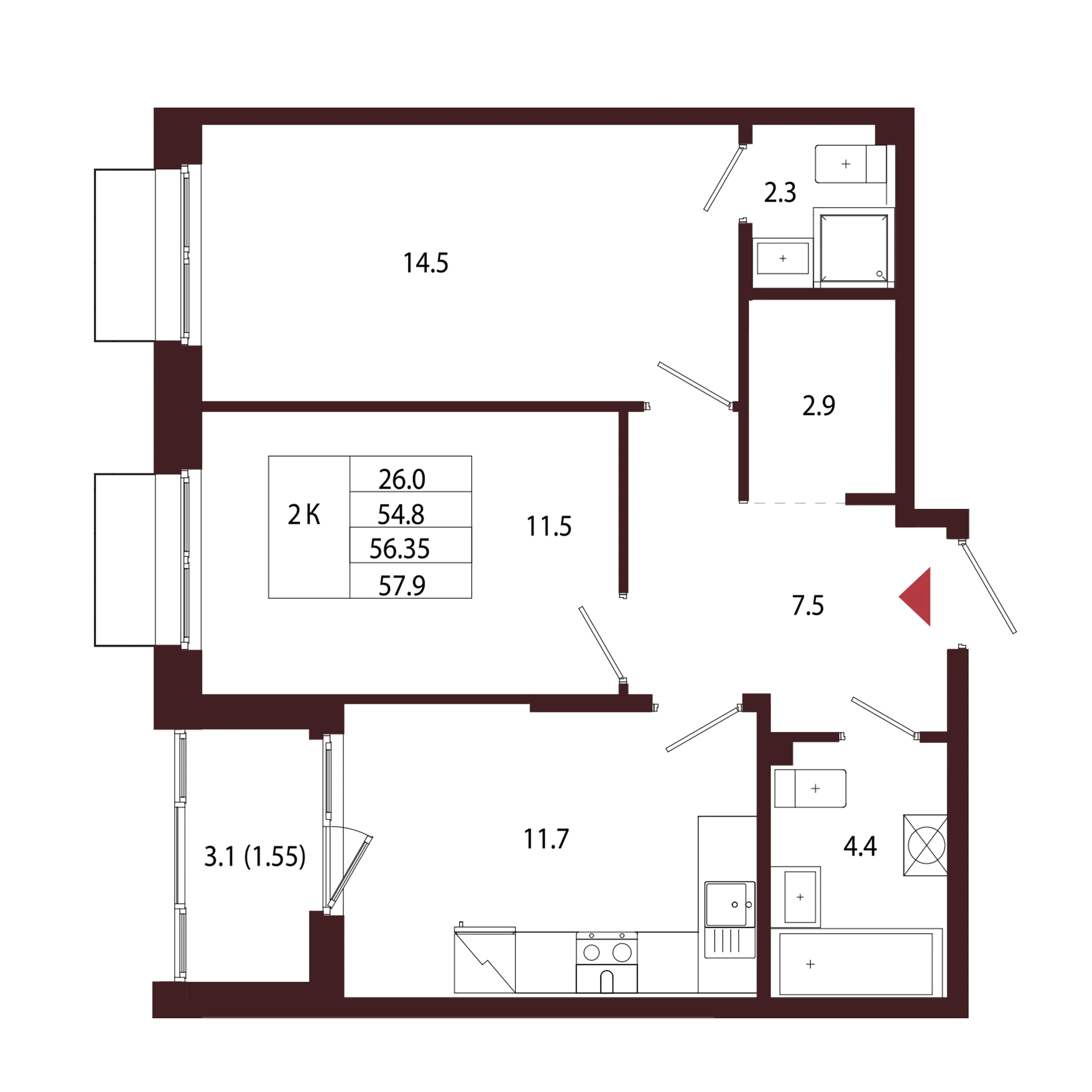 Планировка 2-комнатная 56,4 м² в ЖК «Город-парк «Лисино» — Город-парк «Лисино»