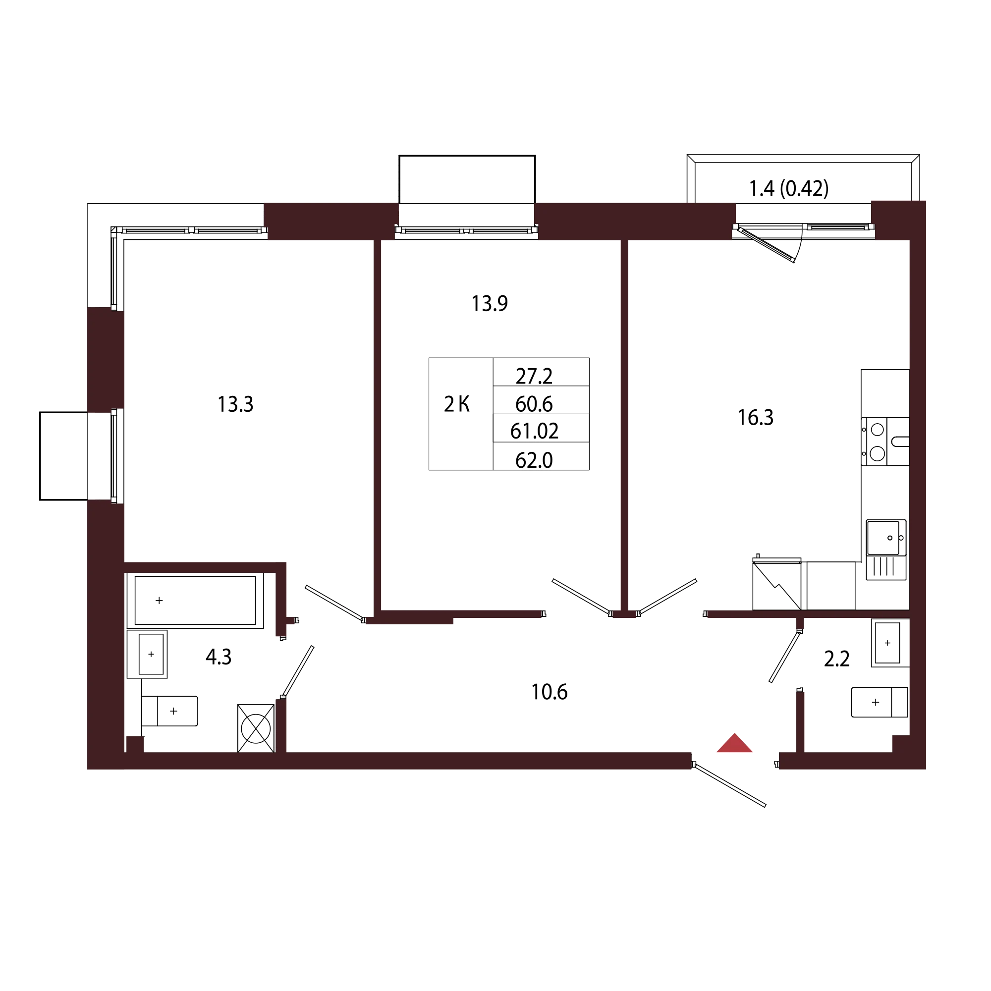 Планировка 2-комнатная 61 м² в ЖК «Город-парк «Лисино» — Город-парк «Лисино»