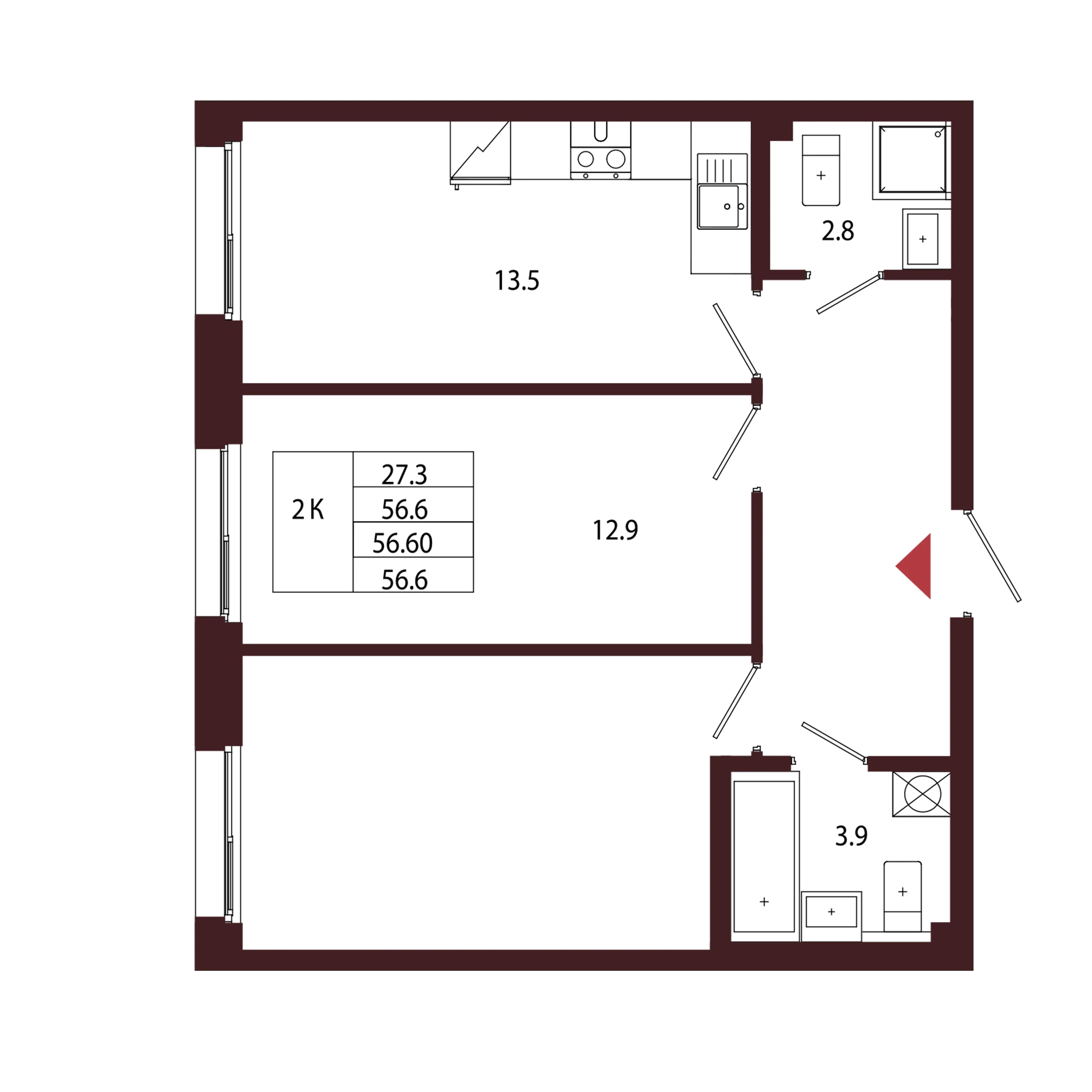 Планировка 2-комнатная 56,6 м² в ЖК «Город-парк «Лисино» — Город-парк «Лисино»