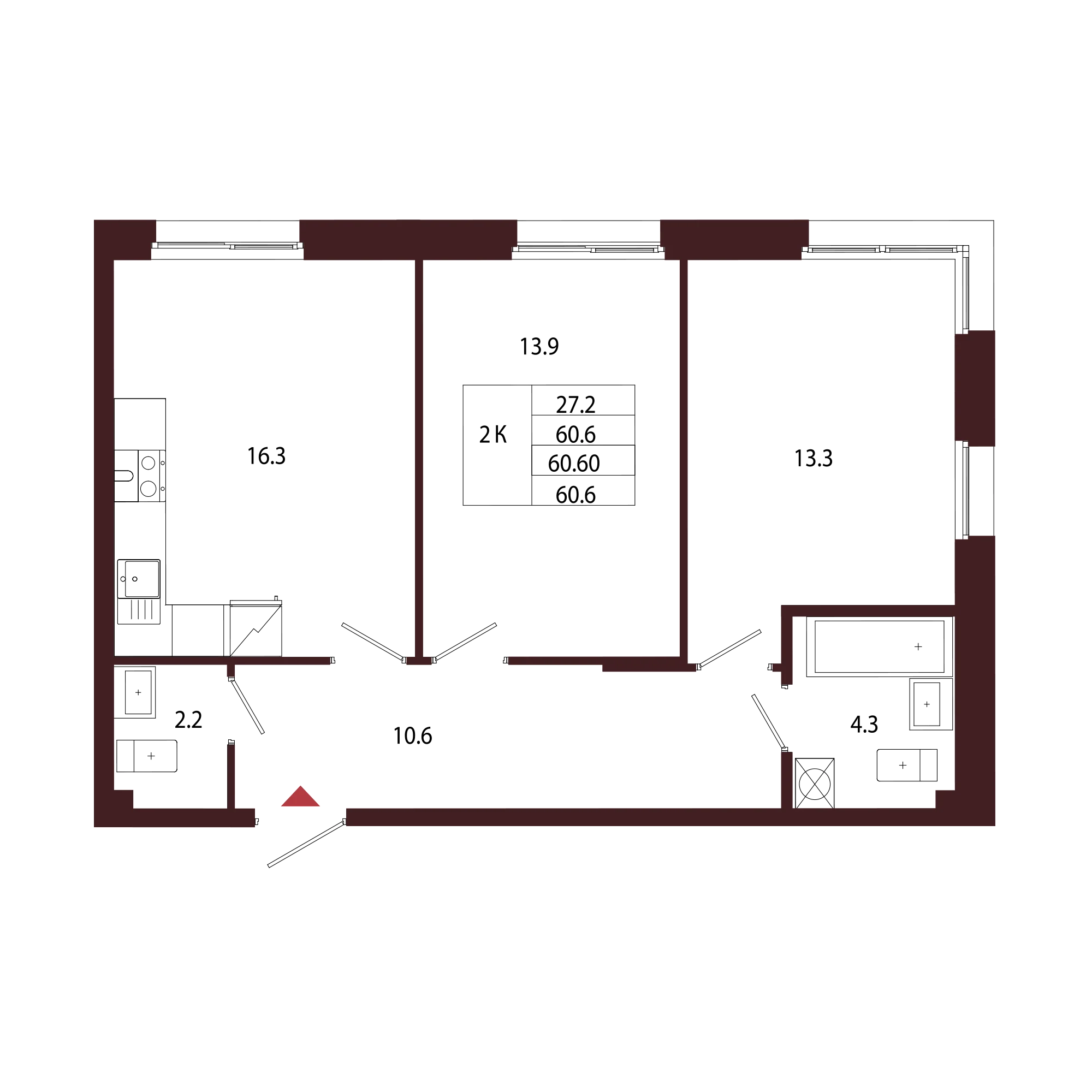 Планировка 2-комнатная 60,6 м² в ЖК «Город-парк «Лисино» — Город-парк «Лисино»